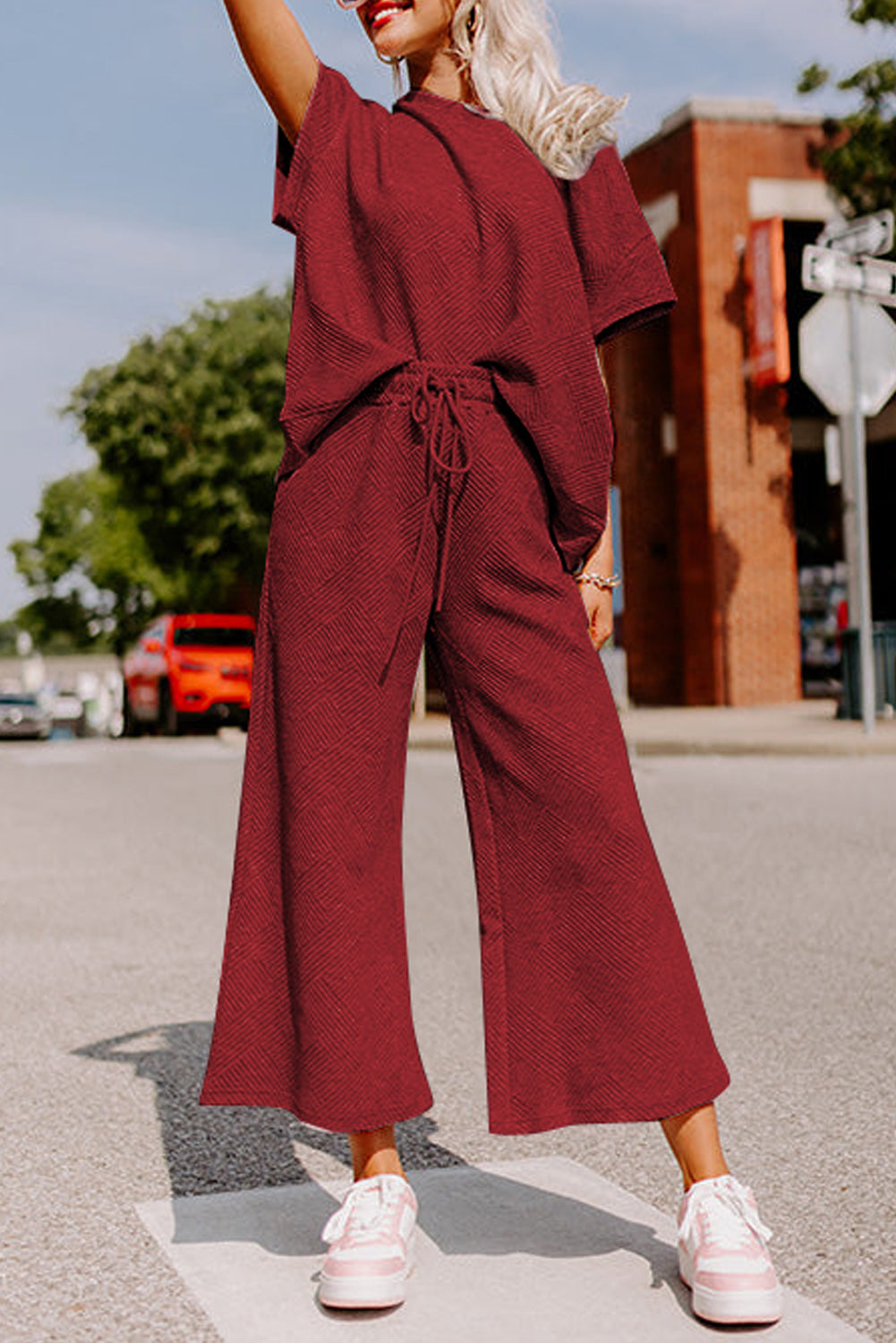 Red Dahlia Textured Loose Fit T Shirt and Drawstring Pants Set-Two Piece Sets/Pant Sets-[Adult]-[Female]-Red Dahlia-S-2022 Online Blue Zone Planet