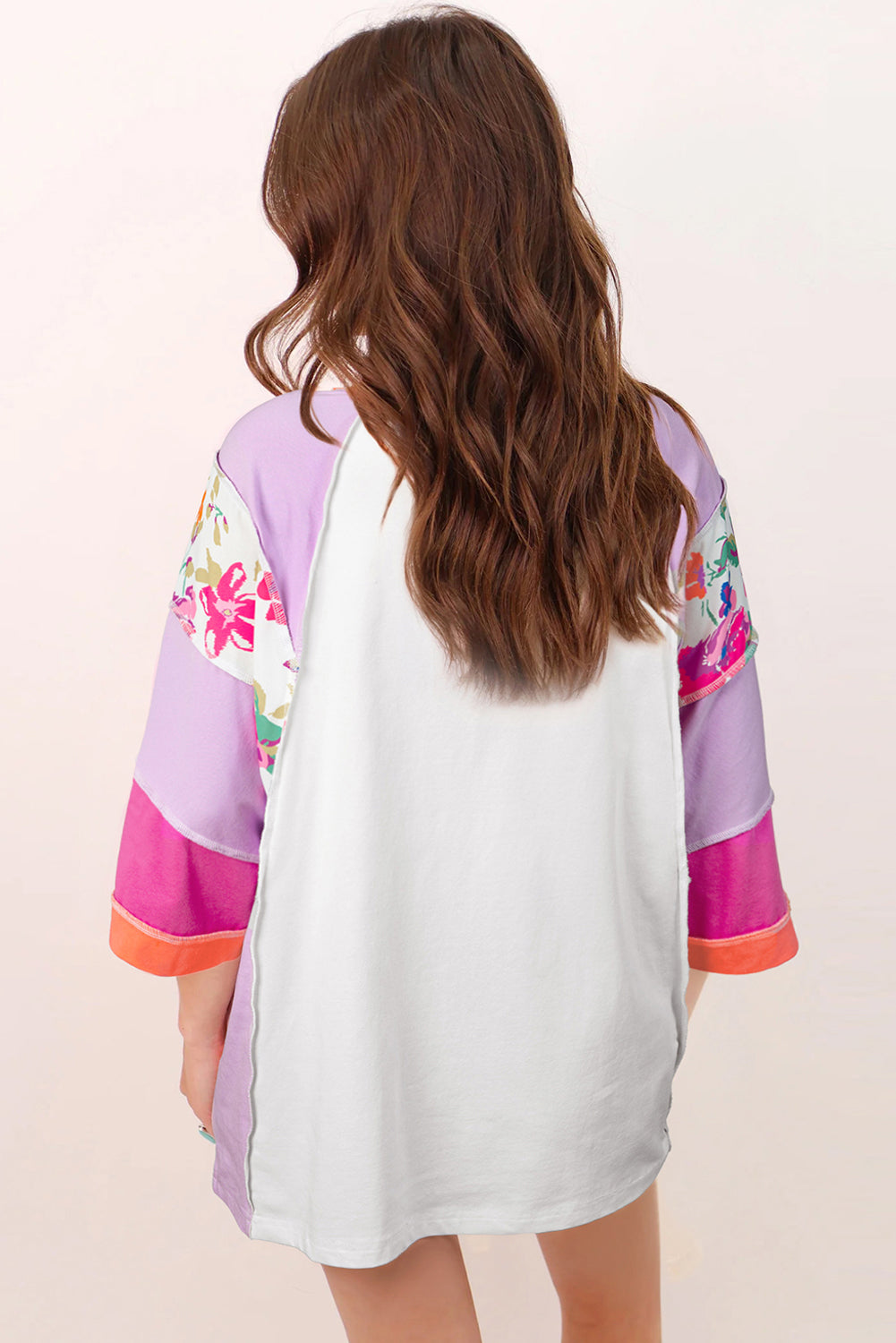 Blue Zone Planet | Sachet Pink Floral Color Block Patchwork 3/4 Sleeve Casual Blouse-Tops/Blouses & Shirts-[Adult]-[Female]-2022 Online Blue Zone Planet