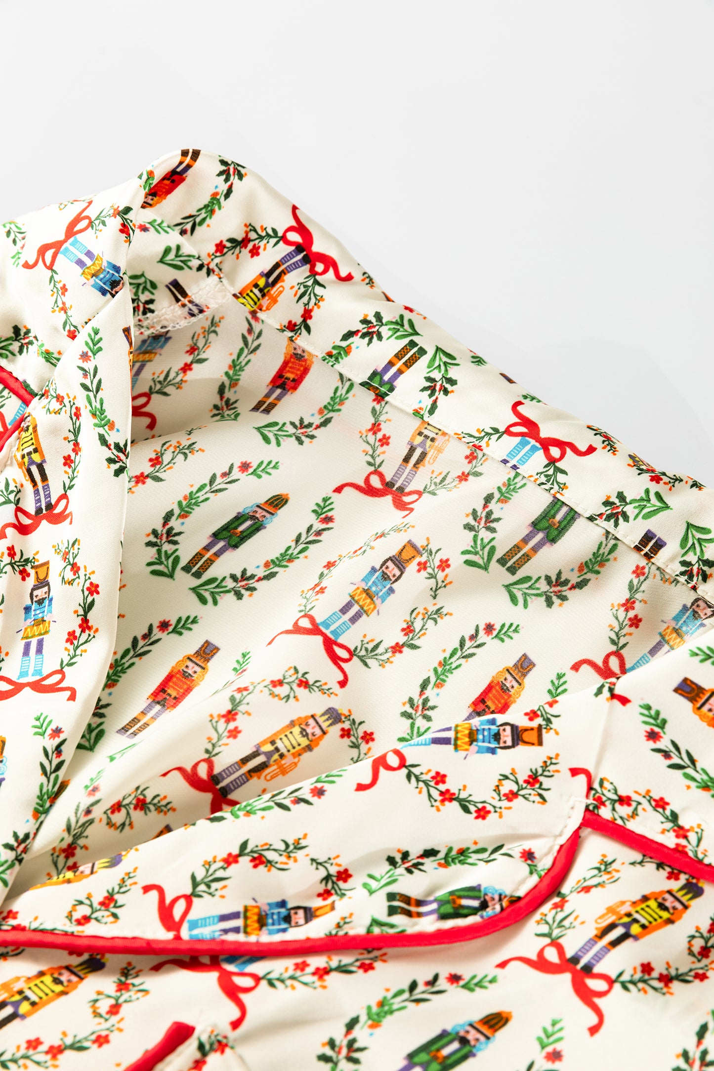 Beige Nutcracker Print Contrast Trim Tied up Bow Silky 2pcs Pajama Set-Loungewear & Sleepwear/Sleepwear-[Adult]-[Female]-2022 Online Blue Zone Planet