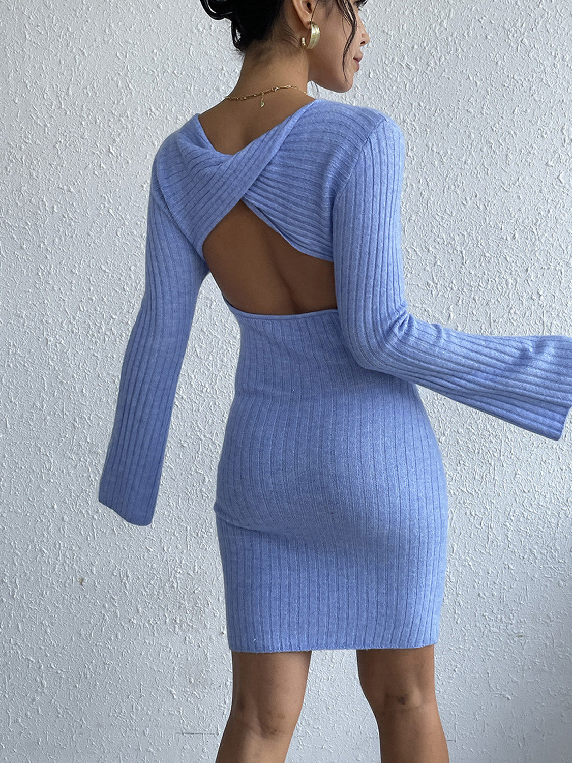 Backless Round Neck Long Sleeve Sweater Dress-TOPS / DRESSES-[Adult]-[Female]-2022 Online Blue Zone Planet