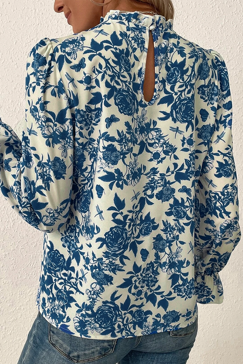 Sky Blue Floral Print Flounce Sleeve Keyhole Back Blouse-Tops/Blouses & Shirts-[Adult]-[Female]-2022 Online Blue Zone Planet