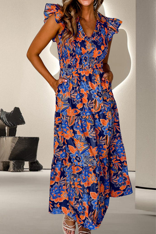 Ruffled Printed Cap Sleeve Dress-TOPS / DRESSES-[Adult]-[Female]-Multicolor-S-2022 Online Blue Zone Planet
