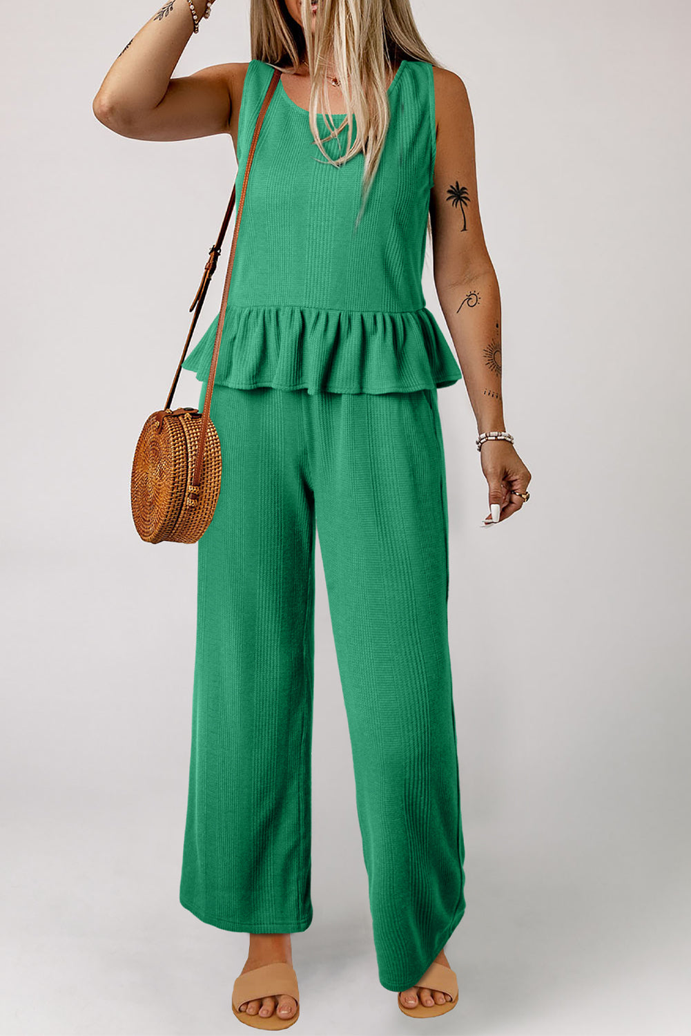 Green Solid Color Ribbed Ruffle Tank Top and Pants Set-Two Piece Sets/Pant Sets-[Adult]-[Female]-2022 Online Blue Zone Planet