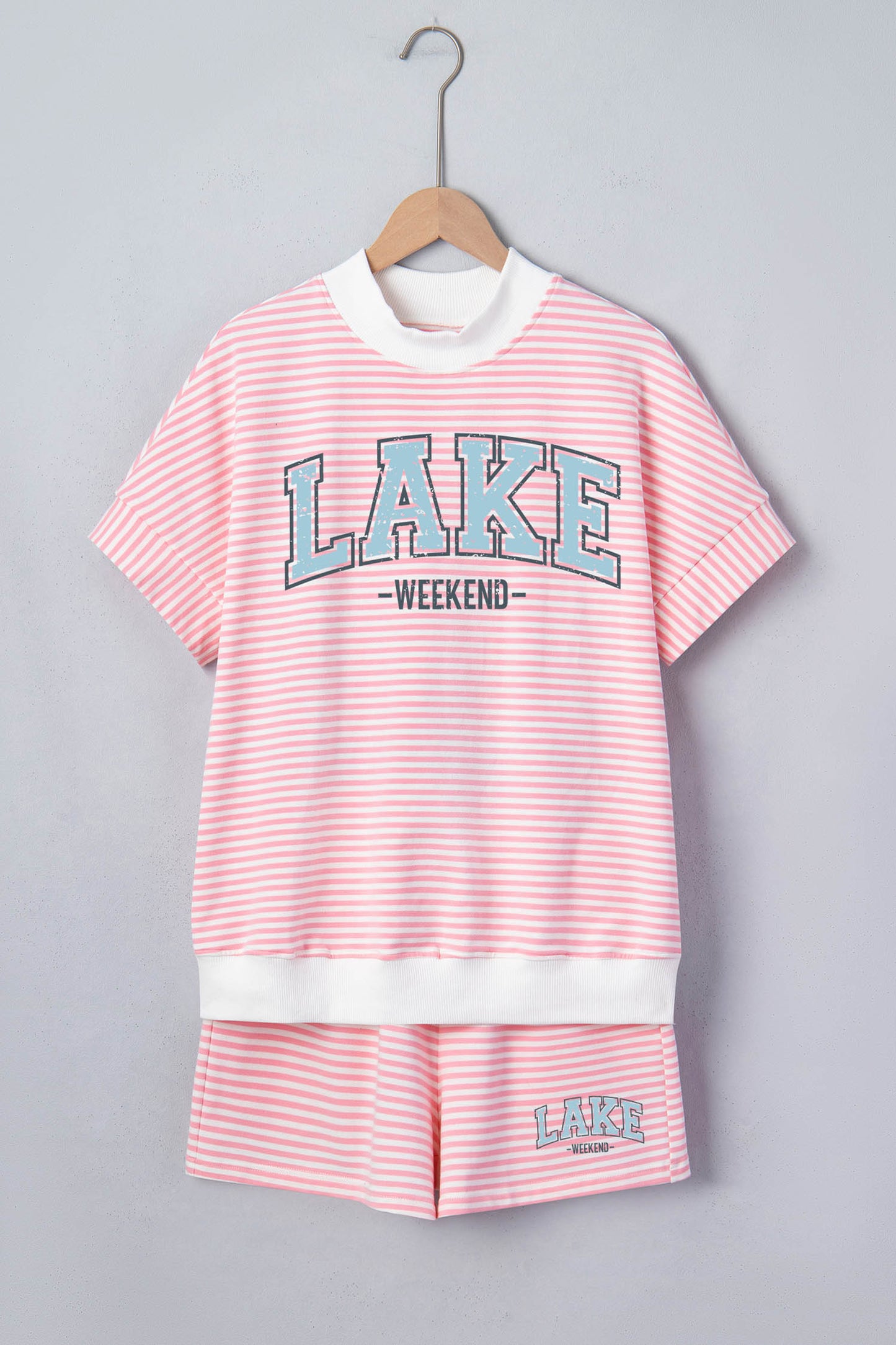Pink Stripe Contrast Trim High Neck Short Sleeve LAKE WEEKEND 2pcs Short Set