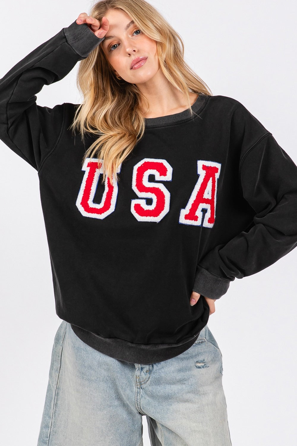 Blue Zone Planet | Sage + Fig USA Letter Patch Round Neck Sweatshirt-TOPS / DRESSES-[Adult]-[Female]-Black-S-2022 Online Blue Zone Planet