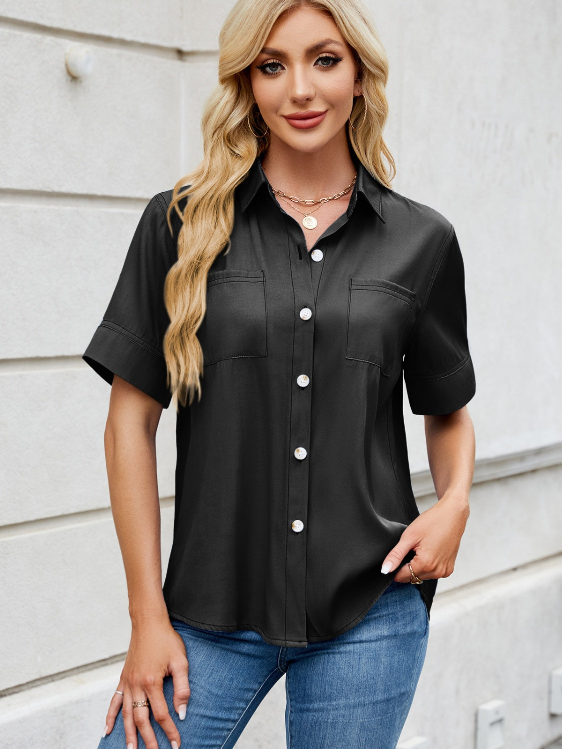 Collared Neck Short Sleeve Shirt-TOPS / DRESSES-[Adult]-[Female]-2022 Online Blue Zone Planet