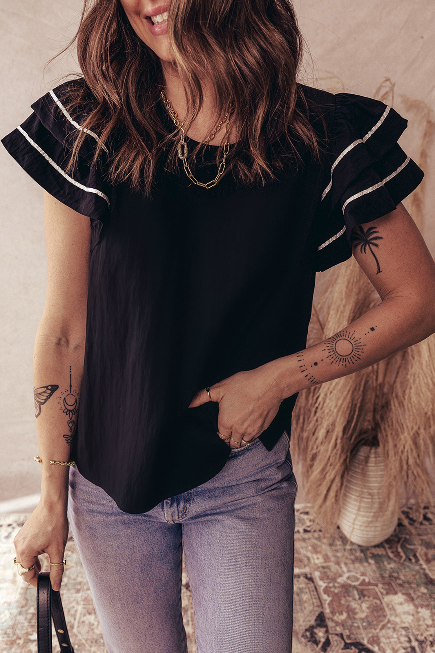 Black Contrast Trim Dual Ruffle Short Sleeve Textured Blouse-Tops/Blouses & Shirts-[Adult]-[Female]-2022 Online Blue Zone Planet