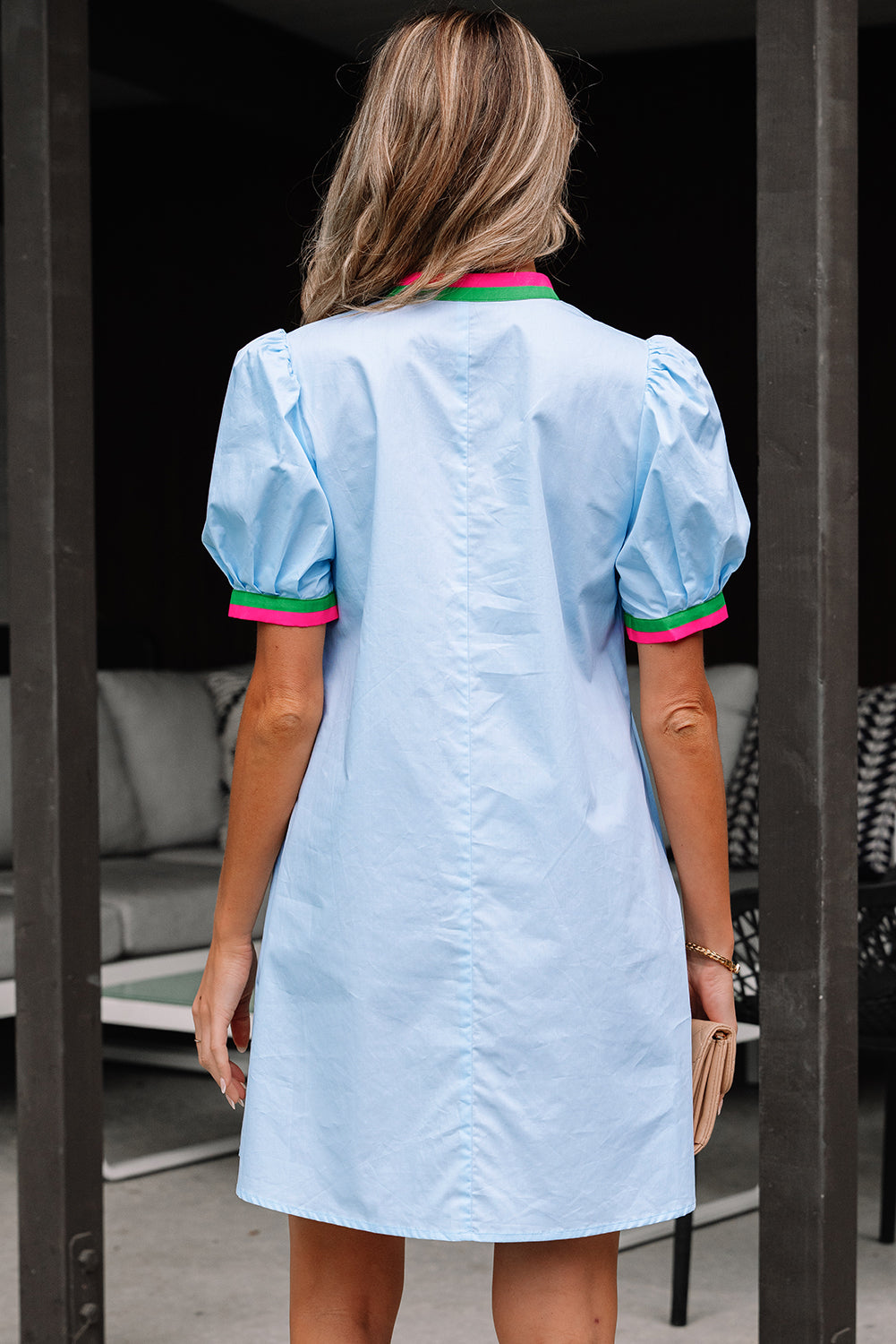 Myosotis Contrast Striped Notched V Neck Puff Sleeve Mini Dress-TOPS / DRESSES-[Adult]-[Female]-2022 Online Blue Zone Planet