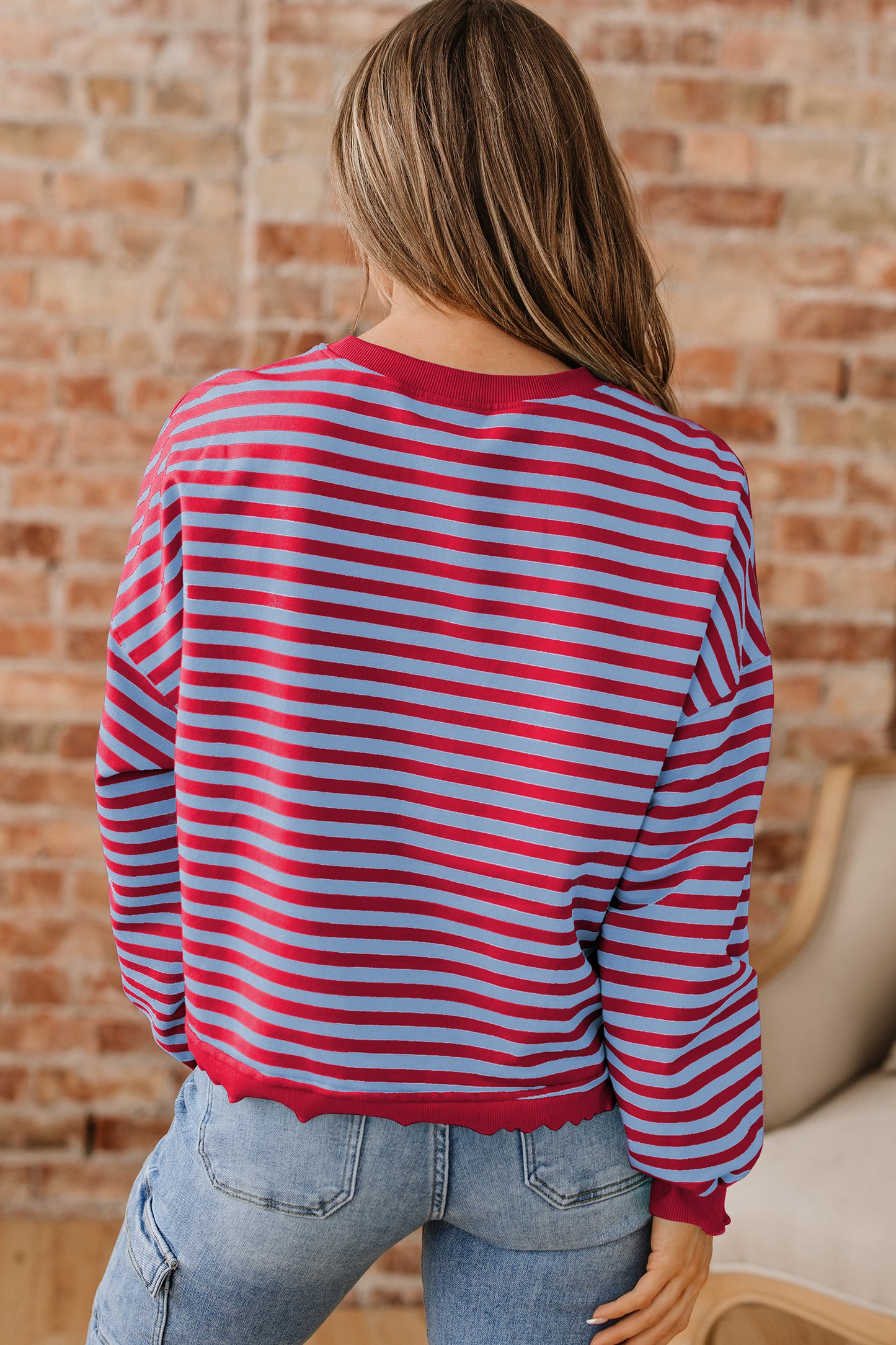 Red Stripe Exposed Seam Contrast Ribbed Trim Oversize Sweatshirt-Tops/Sweatshirts & Hoodies-[Adult]-[Female]-2022 Online Blue Zone Planet