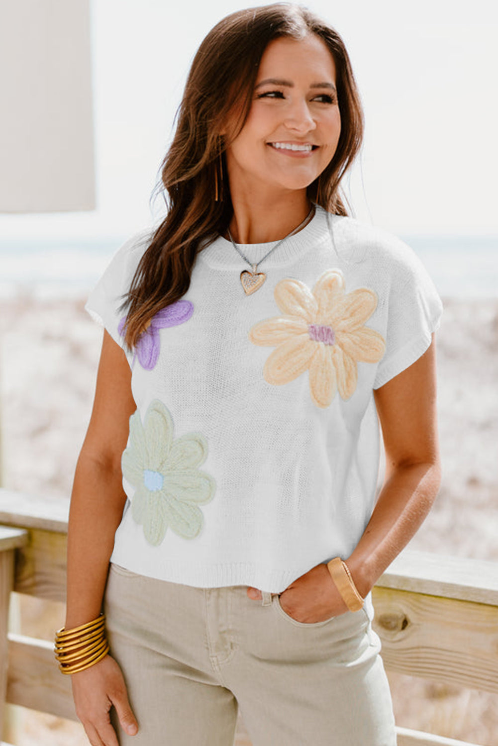 White Flower Patch Knit Round Neck Tee-T Shirts-[Adult]-[Female]-2022 Online Blue Zone Planet