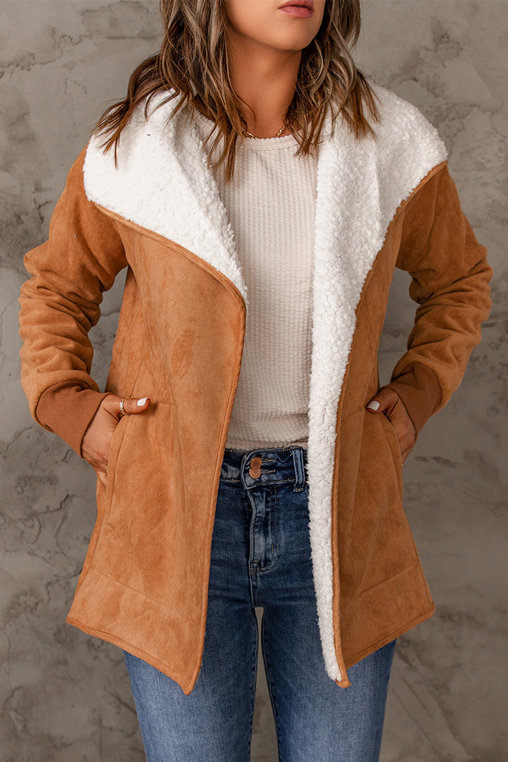 Open Front Long Sleeve Sherpa Jacket-TOPS / DRESSES-[Adult]-[Female]-2022 Online Blue Zone Planet