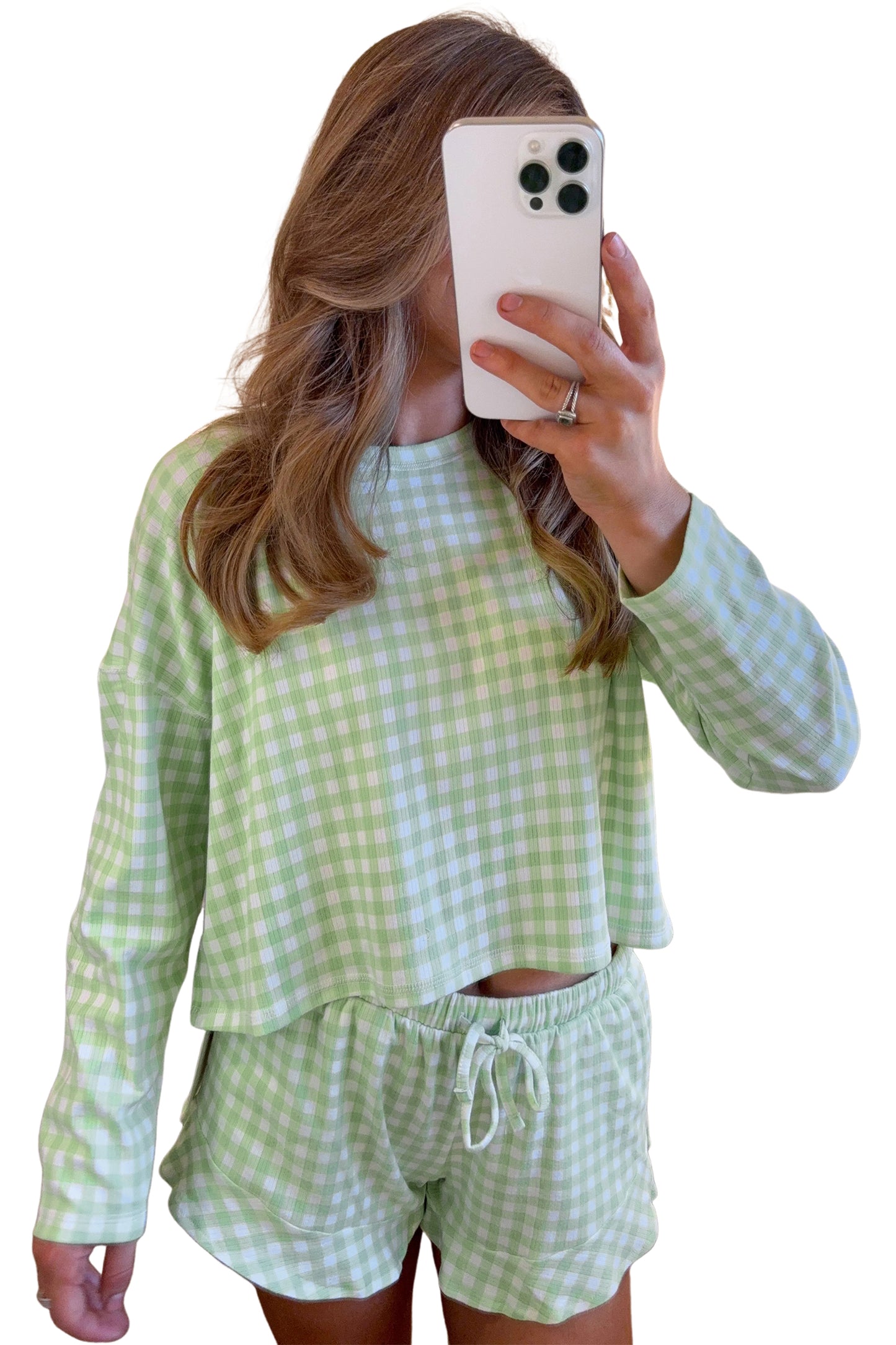 Green Gingham Long Sleeve Loose Top Drawstring Shorts 2pcs Lounge Set-Loungewear & Sleepwear/Loungewear-[Adult]-[Female]-2022 Online Blue Zone Planet