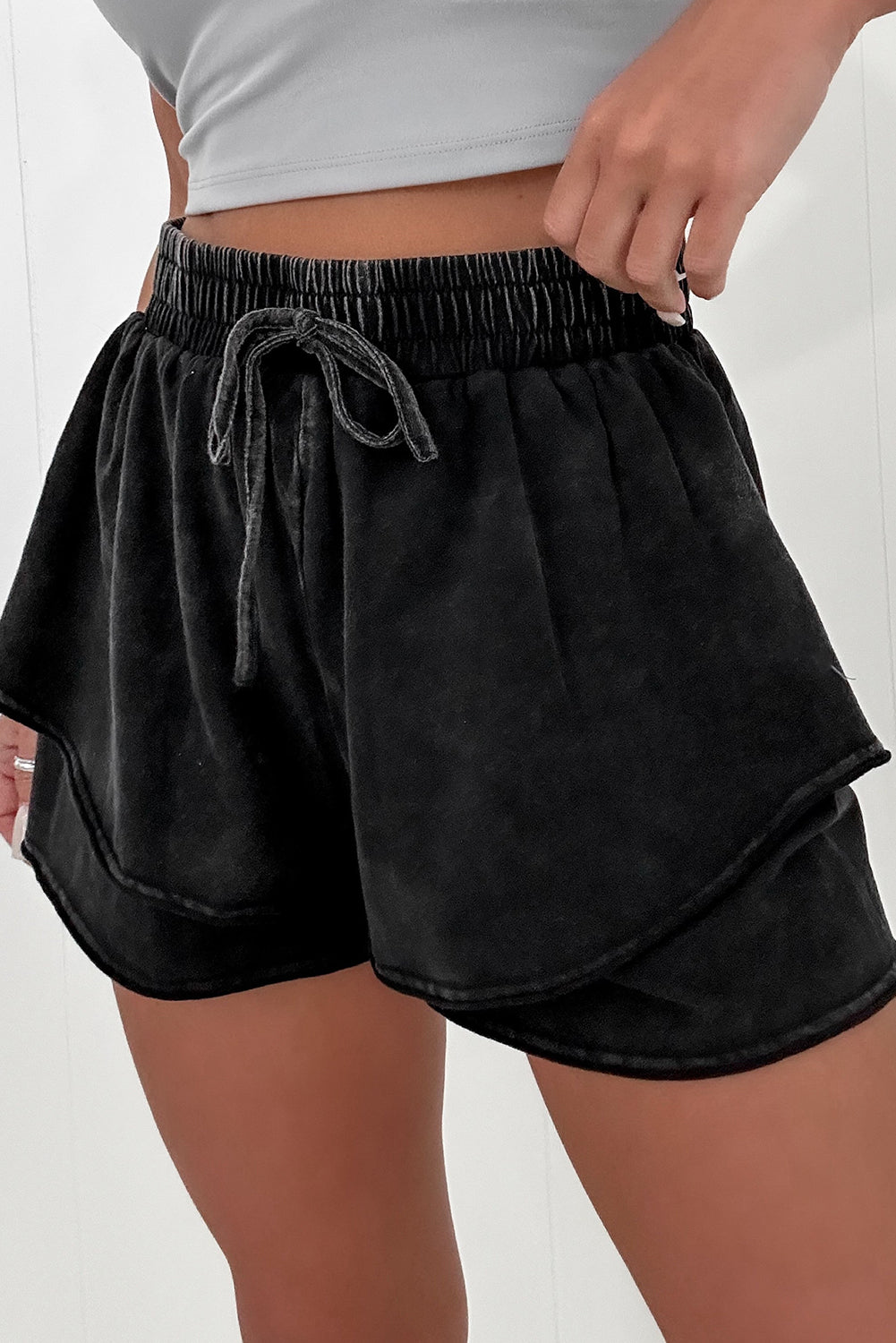 Black Mineral Wash French Terry High Waist Casual Shorts-Bottoms/Casual Shorts-[Adult]-[Female]-2022 Online Blue Zone Planet