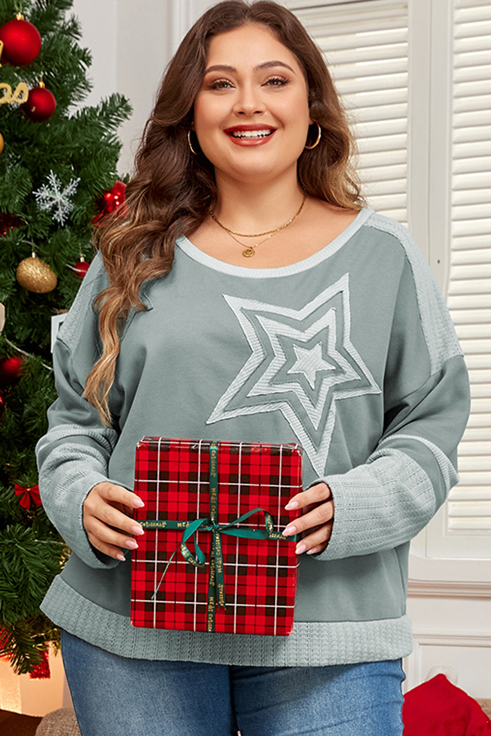 Blue Zone Planet | Mist Green Stars Patchwork Round Neck Plus Size T Shirt-TOPS / DRESSES-[Adult]-[Female]-2022 Online Blue Zone Planet