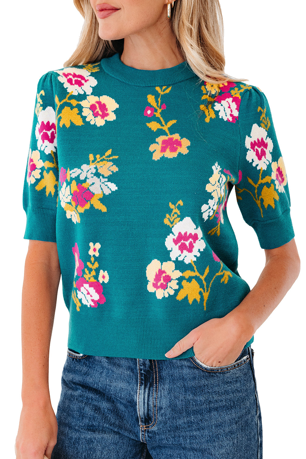 Blue Flower Pattern Mock Neck Short Sleeve Knitted T Shirt-Sweaters & Cardigans/Short Sleeve Sweaters-[Adult]-[Female]-2022 Online Blue Zone Planet