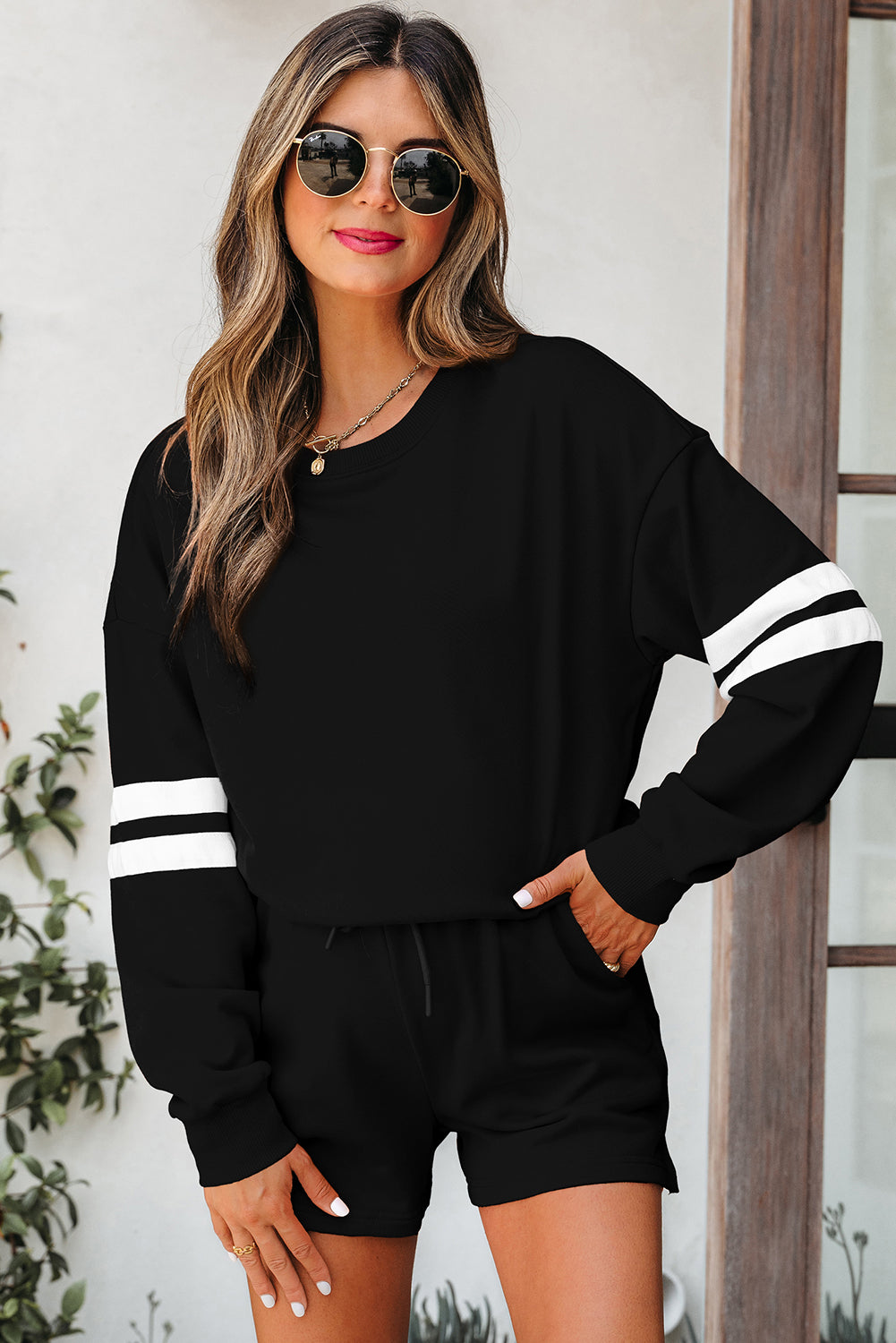 Black Varsity Striped Sleeve Drop Shoulder Sweatshirt and Short Set-Two Piece Sets/Short Sets-[Adult]-[Female]-Black-S-2022 Online Blue Zone Planet