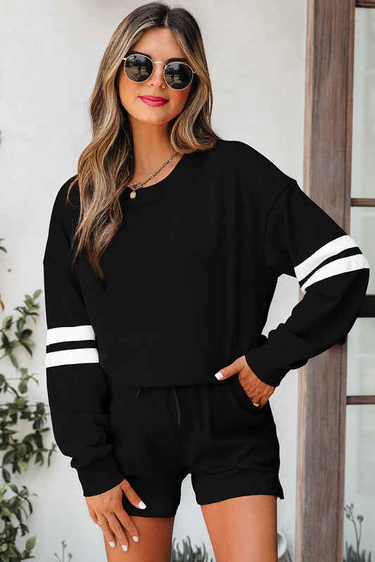 Black Varsity Striped Sleeve Drop Shoulder Sweatshirt and Short Set-Two Piece Sets/Short Sets-[Adult]-[Female]-Black-S-2022 Online Blue Zone Planet