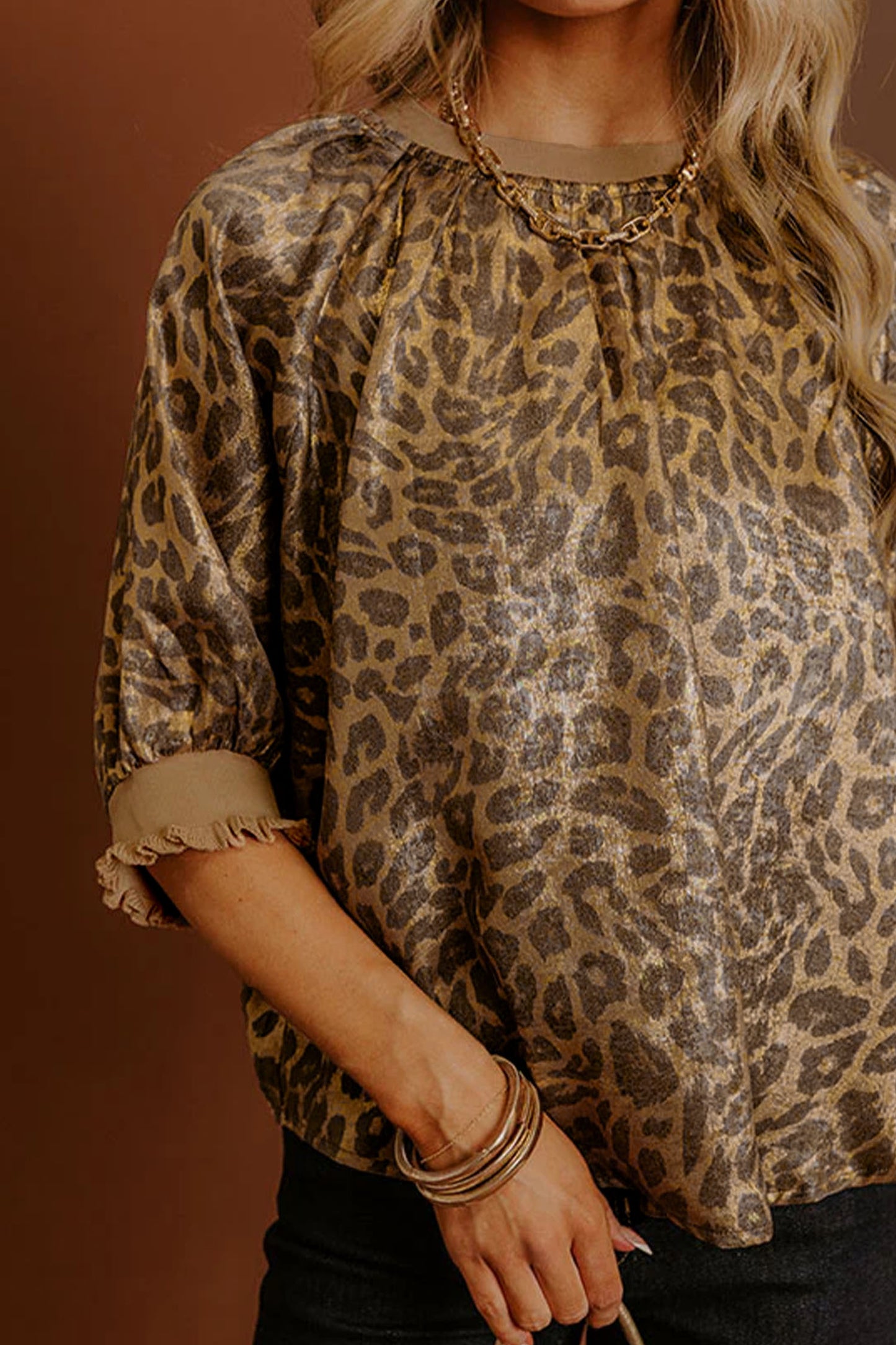 Gold Half Sleeve Metallic Leopard Print Blouse-Tops/Blouses & Shirts-[Adult]-[Female]-2022 Online Blue Zone Planet