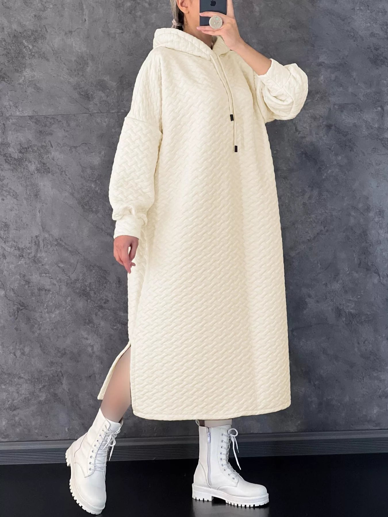 Textured Knit Hoodie Dress with Side Slit Ivory / XL by Blue Zone Planet