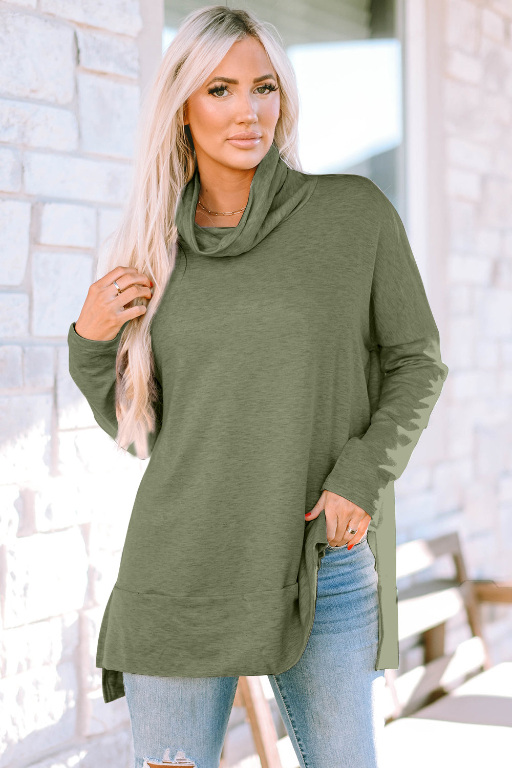 Cowl Neck Long Sleeve Slit Blouse-TOPS / DRESSES-[Adult]-[Female]-Sage-M-2022 Online Blue Zone Planet