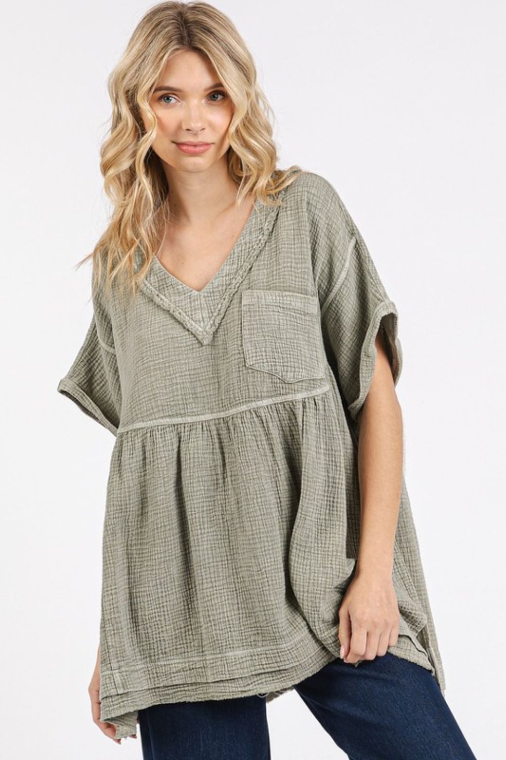 Mittoshop Mineral Wash Gauze Babydoll V-Neck Oversized Blouse-TOPS / DRESSES-[Adult]-[Female]-2022 Online Blue Zone Planet