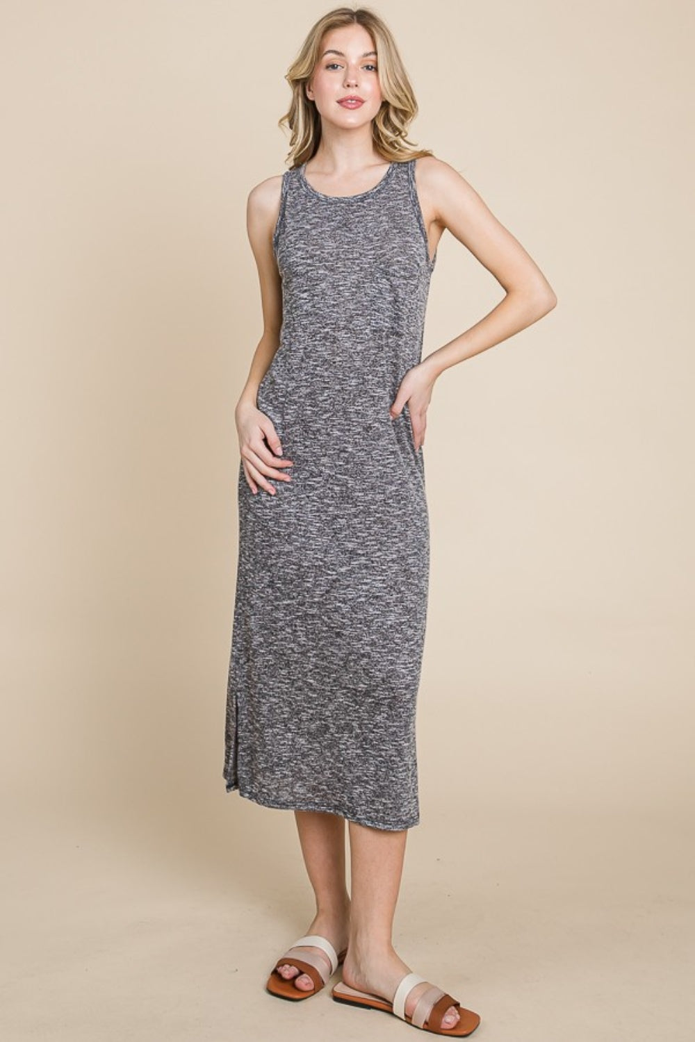 BOMBOM Round Neck Slit Midi Tank Dress-TOPS / DRESSES-[Adult]-[Female]-Grey-S-2022 Online Blue Zone Planet