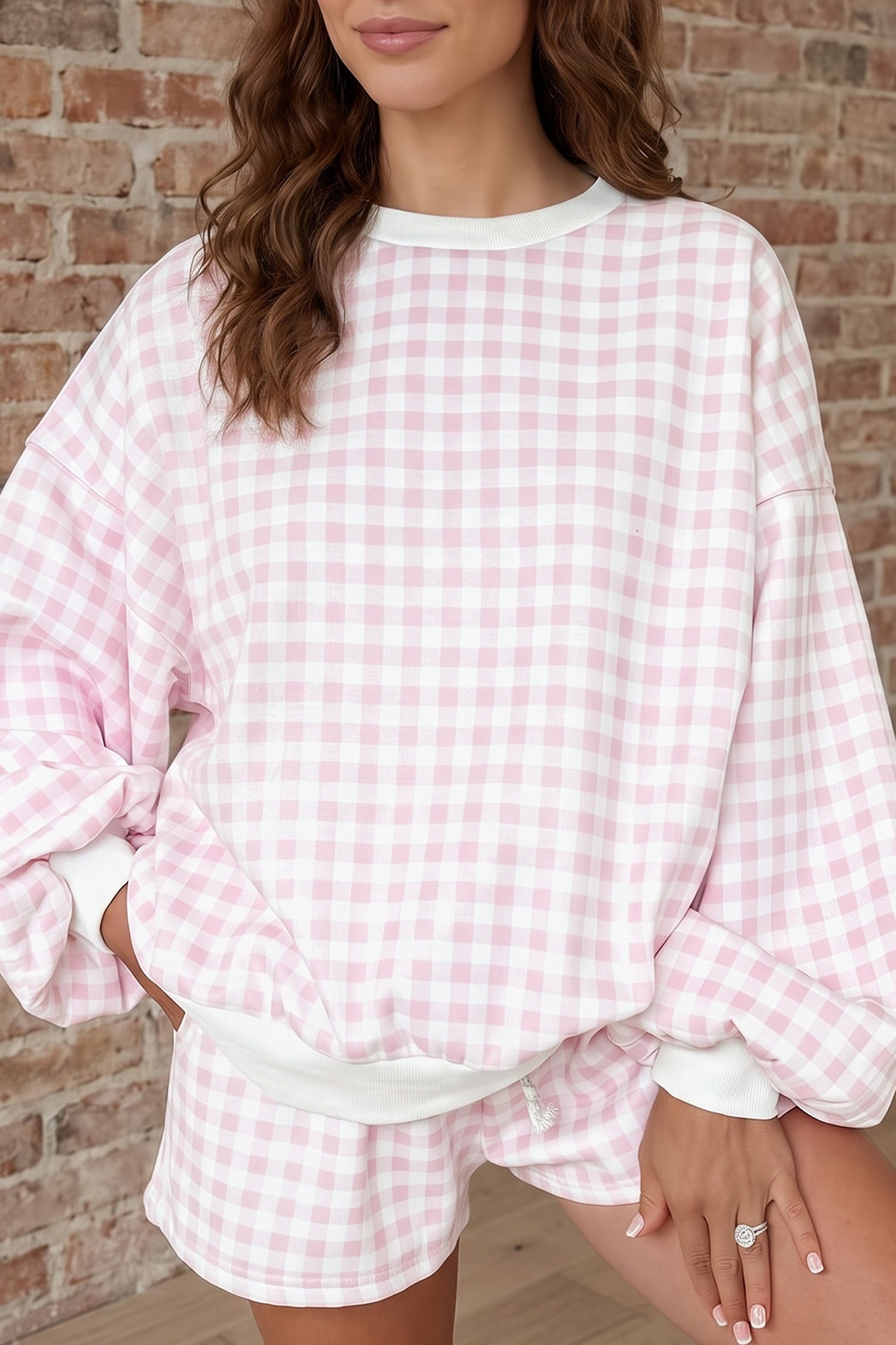 Pink Plaid Baggy Pullover Drawstring Casual Shorts 2pcs Outfit-Two Piece Sets/Short Sets-[Adult]-[Female]-2022 Online Blue Zone Planet