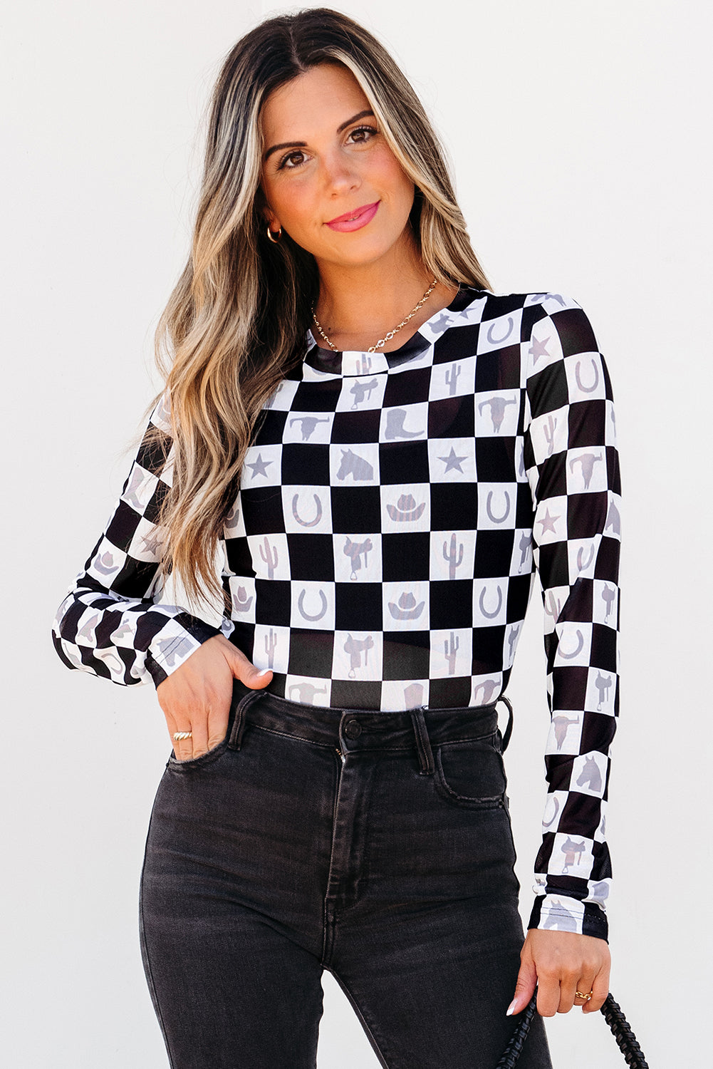 Black Checkerboard Western Elements Printed Mesh Long Sleeve Top-Tops/Long Sleeve Tops-[Adult]-[Female]-2022 Online Blue Zone Planet