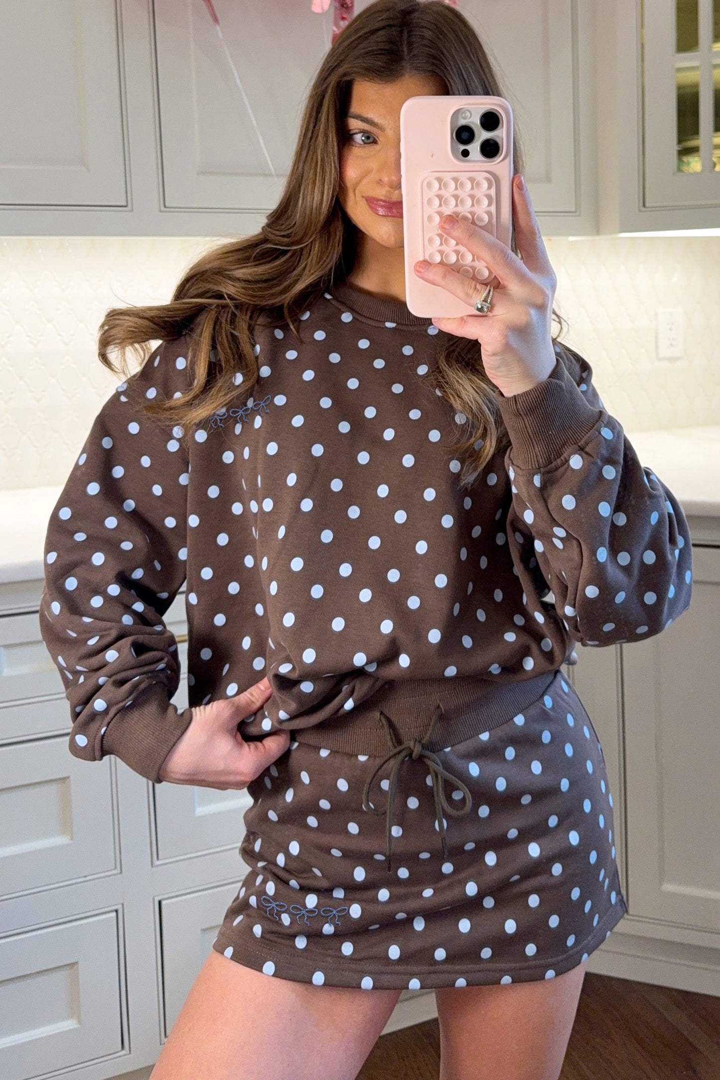 Brown Polka Dot Long Sleeve Pullover Embroidered Bow Detail 2pcs Skort Set