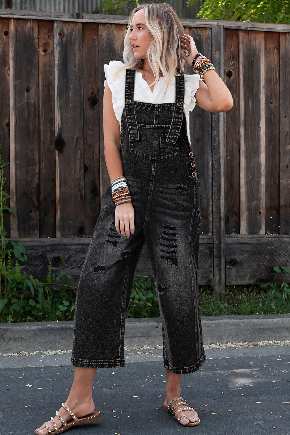 Stone Blue Distressed Bib Pocket Wide Leg Denim Overall-Bottoms/Jumpsuits & Rompers-[Adult]-[Female]-2022 Online Blue Zone Planet