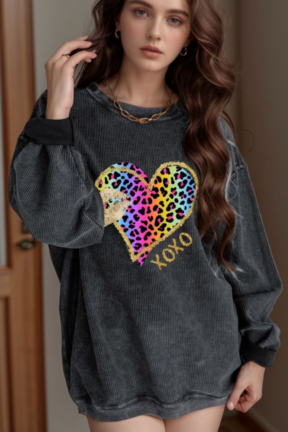 Blue Zone Planet | Leopard Heart Drop Shoulder Long Sleeve Sweatshirt-TOPS / DRESSES-[Adult]-[Female]-2022 Online Blue Zone Planet