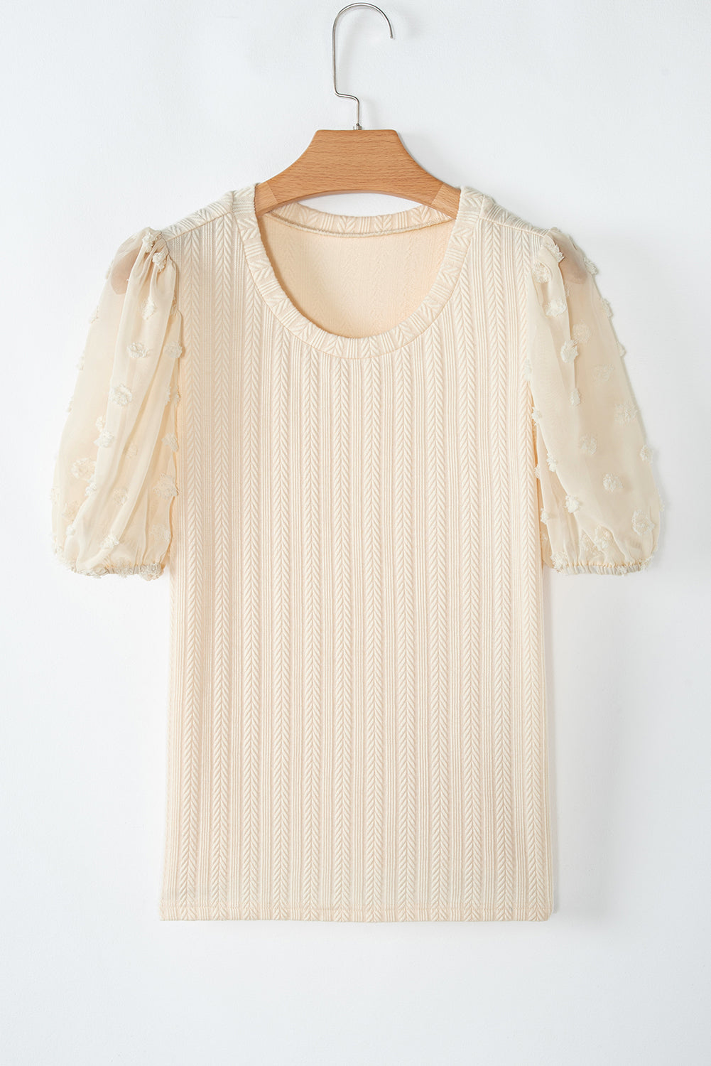 Apricot Polka Dot Mesh Puff Sleeve Textured Blouse-Tops/Blouses & Shirts-[Adult]-[Female]-2022 Online Blue Zone Planet