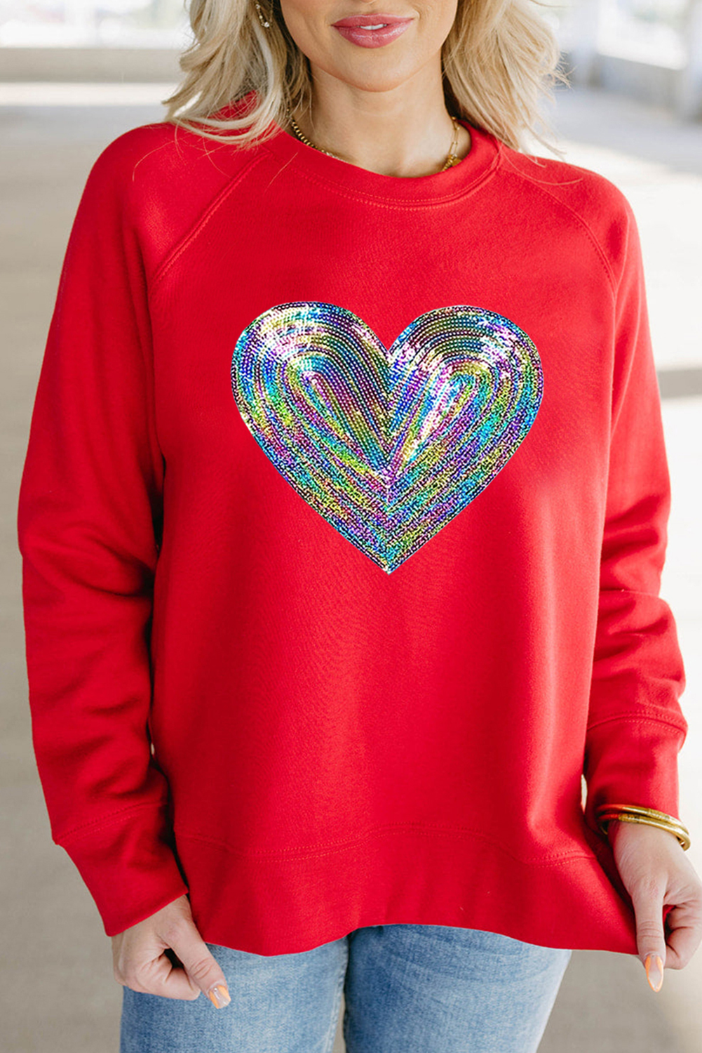 Blue Zone Planet | Red Bold Sequin Heart Crewneck Valentines Pullover Sweatshirt-Graphic Sweatshirts-[Adult]-[Female]-2022 Online Blue Zone Planet