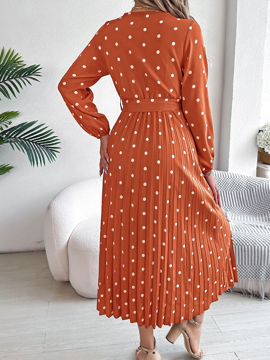 Blue Zone Planet | Tied Polka Dot Long Sleeve Midi Dress-TOPS / DRESSES-[Adult]-[Female]-2022 Online Blue Zone Planet