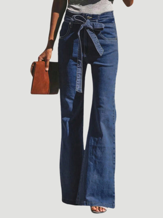 Tied Flare Jeans with Pockets-BOTTOMS SIZES SMALL MEDIUM LARGE-[Adult]-[Female]-Navy-M-2022 Online Blue Zone Planet