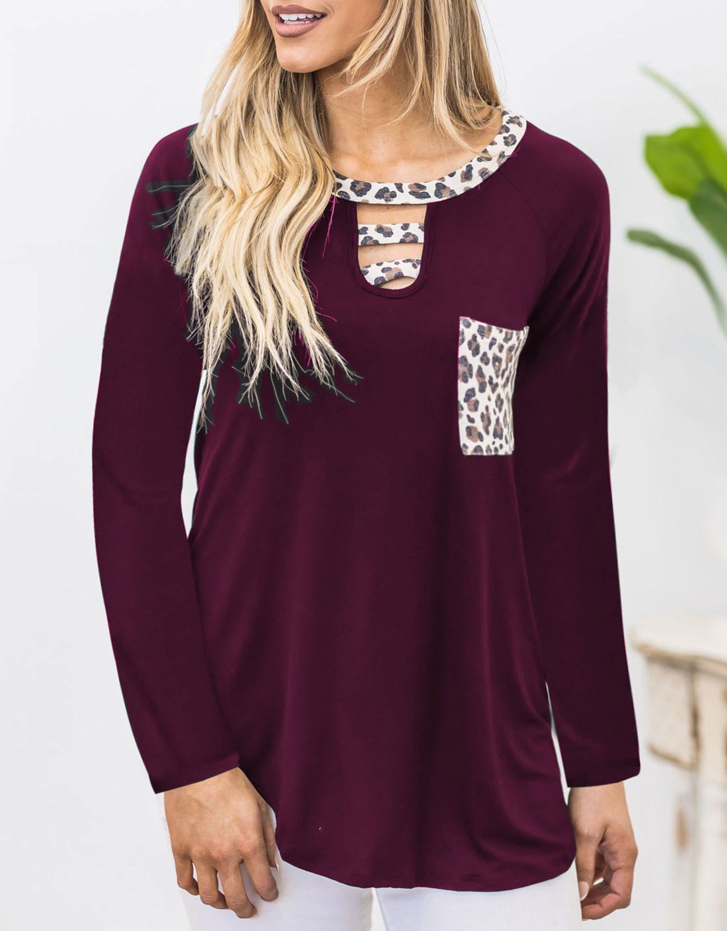 Cutout Leopard Round Neck Long Sleeve T-Shirt-TOPS / DRESSES-[Adult]-[Female]-2022 Online Blue Zone Planet