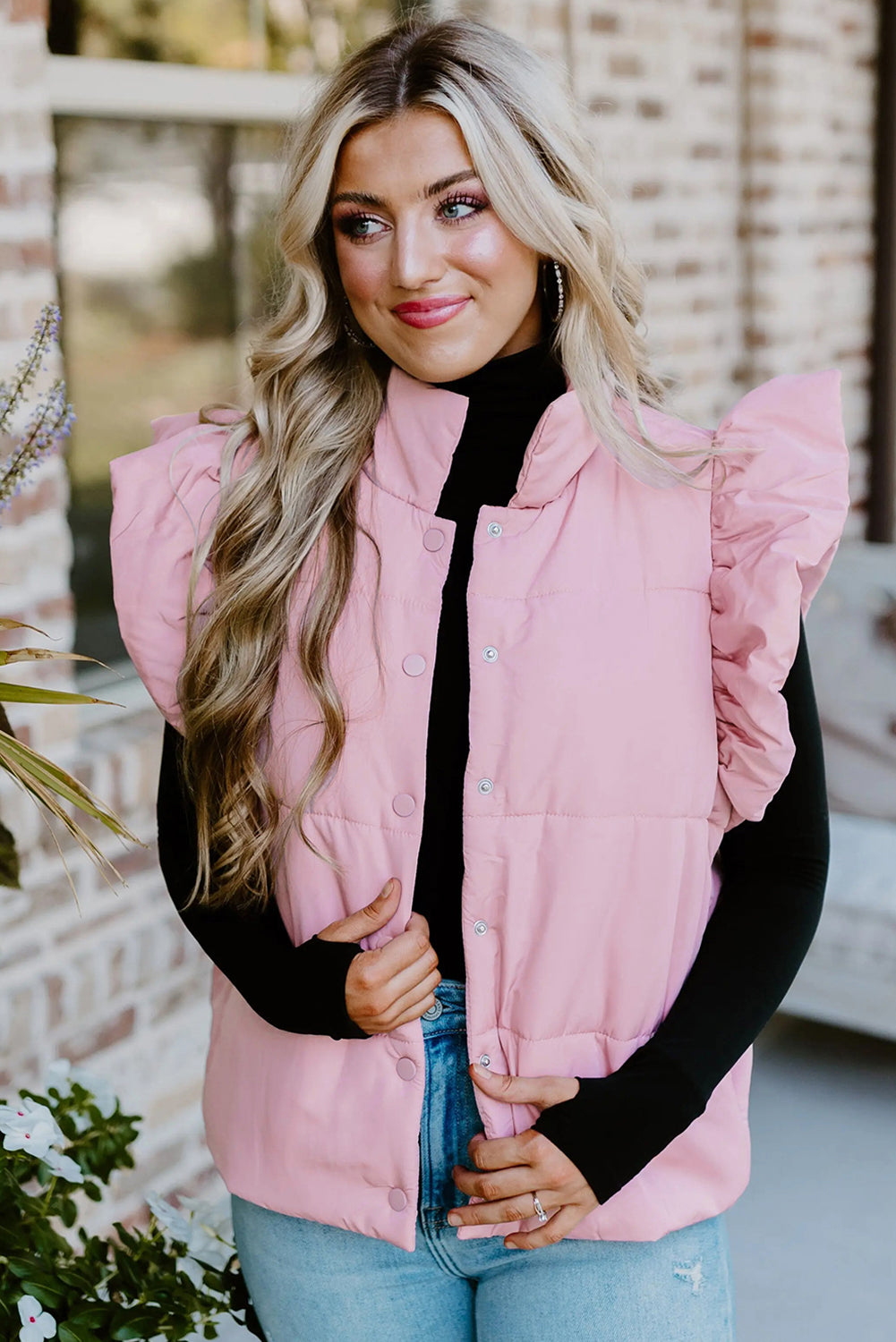 Pink Stand Neck Flutter Sleeve Snap Button Puffer Vest-Outerwear/Vests-[Adult]-[Female]-2022 Online Blue Zone Planet