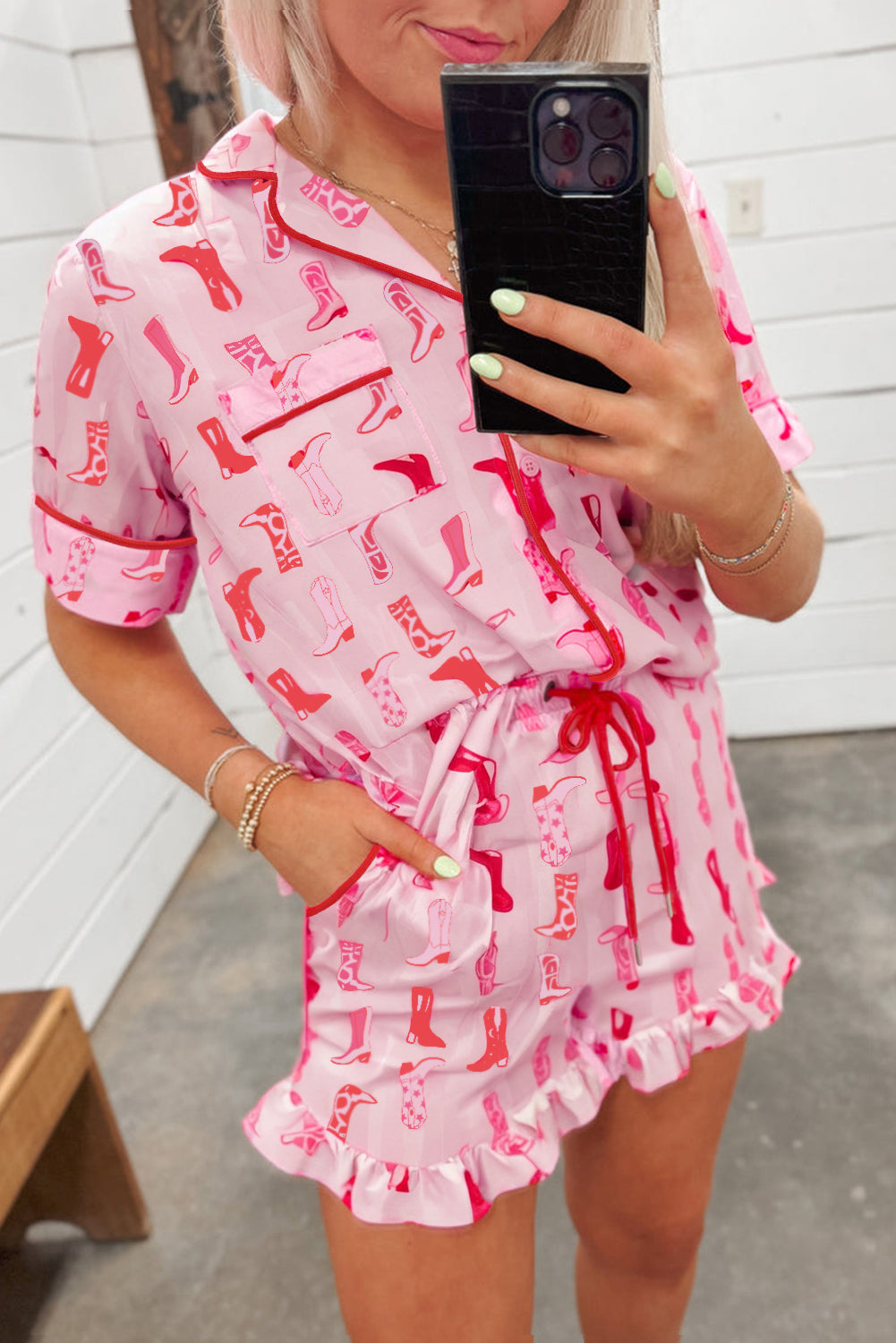 Pink Western Cowgirl Boots Printed Shirt Ruffled Shorts Pajama Set-Loungewear & Sleepwear/Sleepwear-[Adult]-[Female]-Pink-S-2022 Online Blue Zone Planet