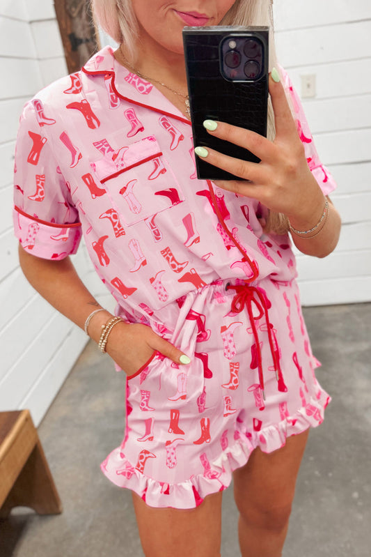 Pink Western Cowgirl Boots Printed Shirt Ruffled Shorts Pajama Set-Loungewear & Sleepwear/Sleepwear-[Adult]-[Female]-Pink-S-2022 Online Blue Zone Planet