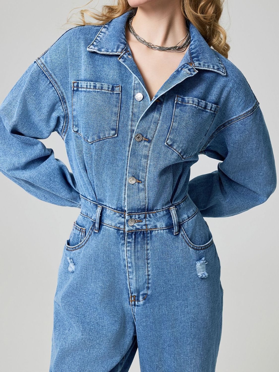 Distressed Button Down Drop Shoulder Denim Jumpsuit-TOPS / DRESSES-[Adult]-[Female]-2022 Online Blue Zone Planet