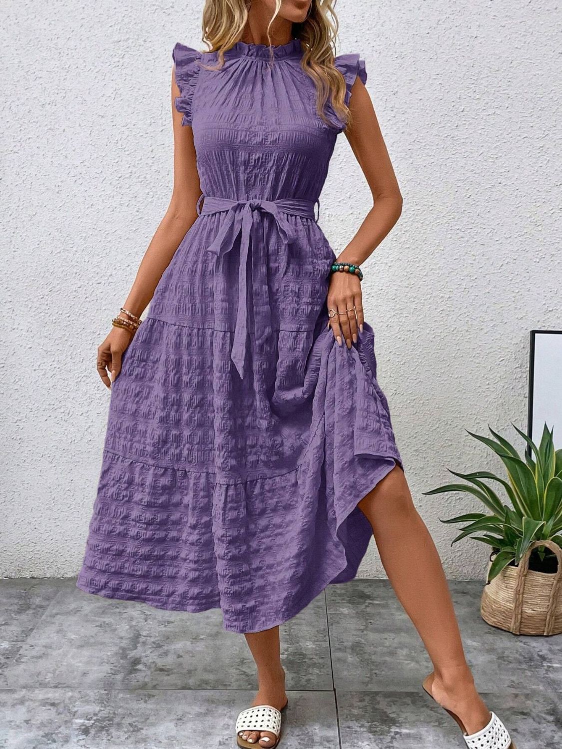 Tied Ruffled Cap Sleeve Midi Dress-TOPS / DRESSES-[Adult]-[Female]-2022 Online Blue Zone Planet