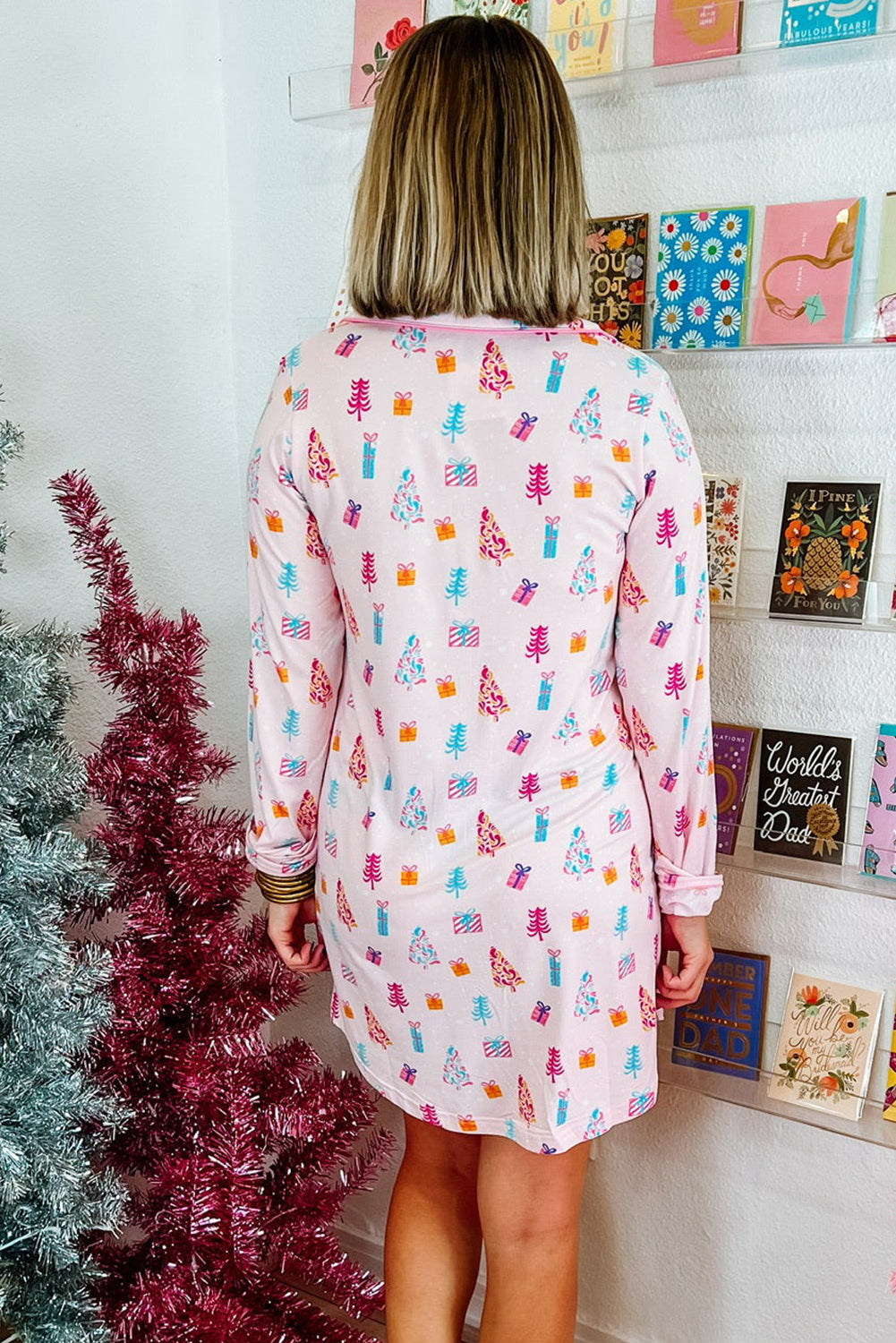 Blue Zone Planet | Pink Christmas Twinkle Tree Print Shirt Sleep Dress-TOPS / DRESSES-[Adult]-[Female]-2022 Online Blue Zone Planet