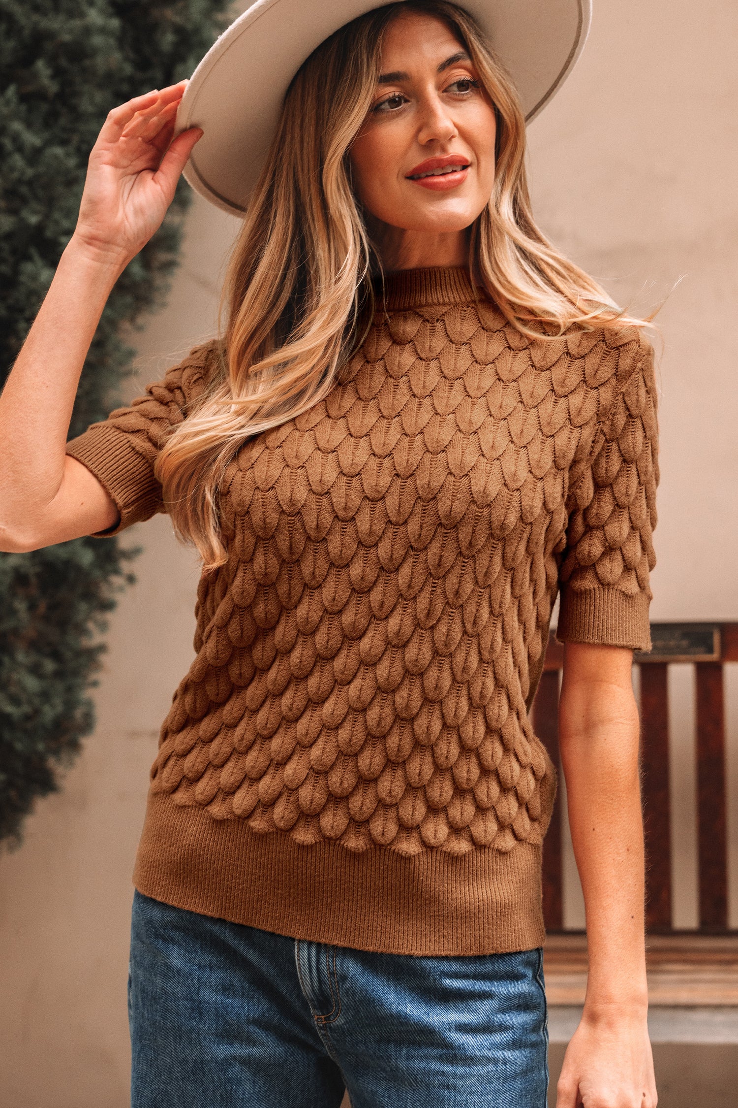 Straw Yellow Fish Scale Textured Knit Ribbed High Neck Short Sleeve Sweater-Sweaters & Cardigans/Short Sleeve Sweaters-[Adult]-[Female]-2022 Online Blue Zone Planet
