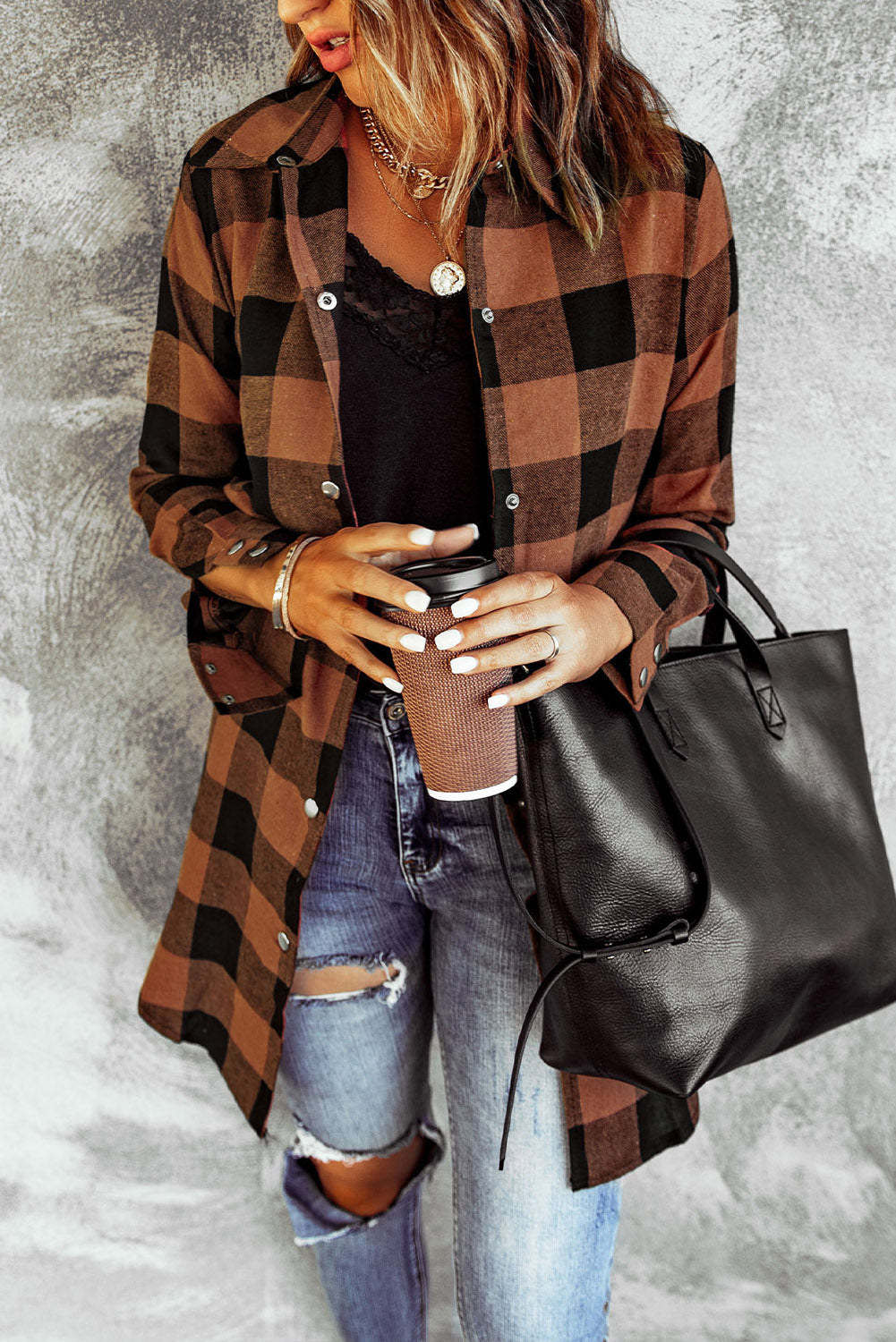 Brown Turn-down Collar Plaid Shirt Coat-Outerwear/Coats-[Adult]-[Female]-2022 Online Blue Zone Planet