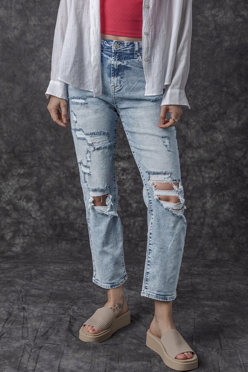 Sky Blue Light Wash Frayed Slim Fit High Waist Jeans-Bottoms/Jeans-[Adult]-[Female]-2022 Online Blue Zone Planet