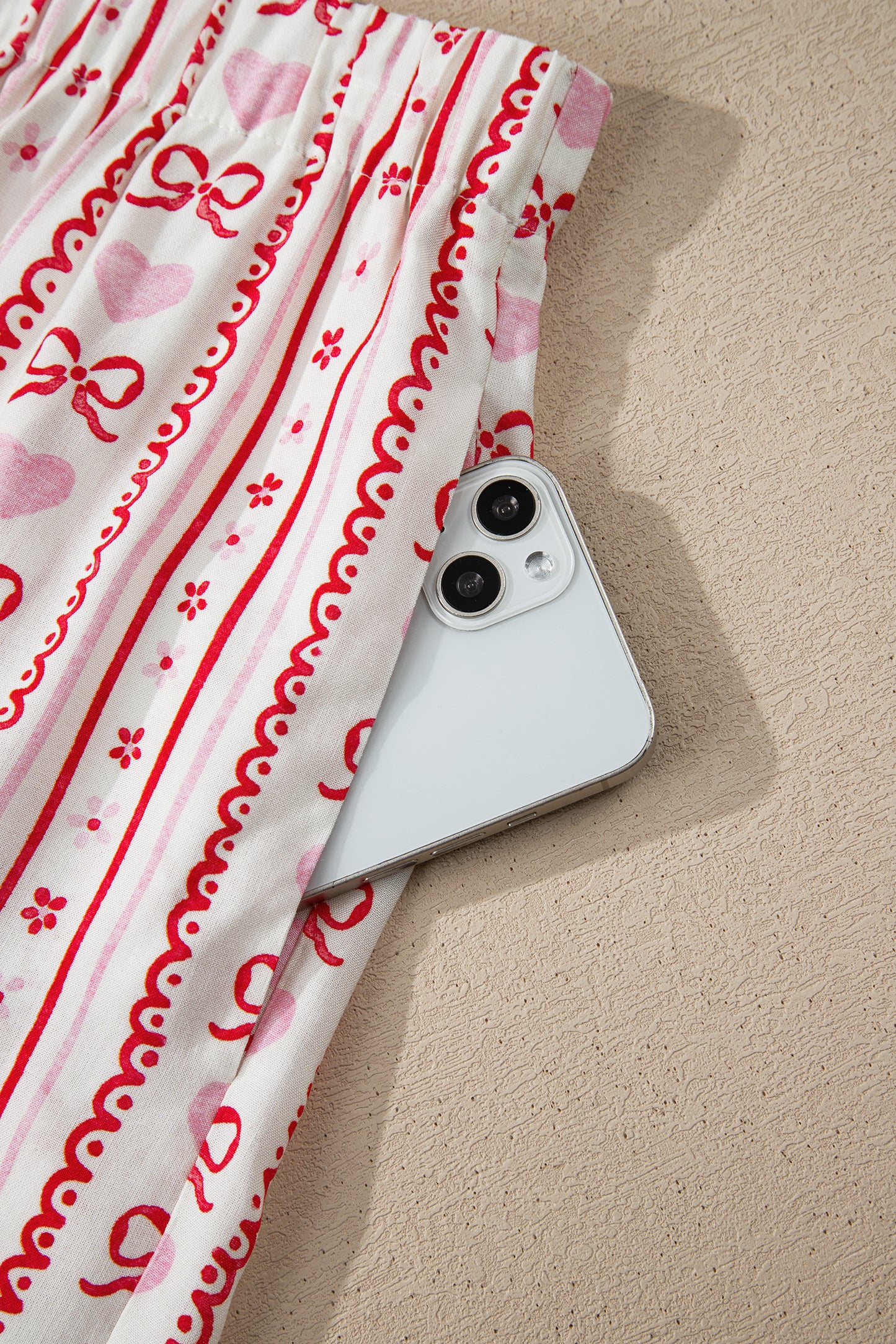 Red Cute Bow Heart Print Ribbon Decor Short 2pcs Pajama Set-Loungewear & Sleepwear/Sleepwear-[Adult]-[Female]-2022 Online Blue Zone Planet