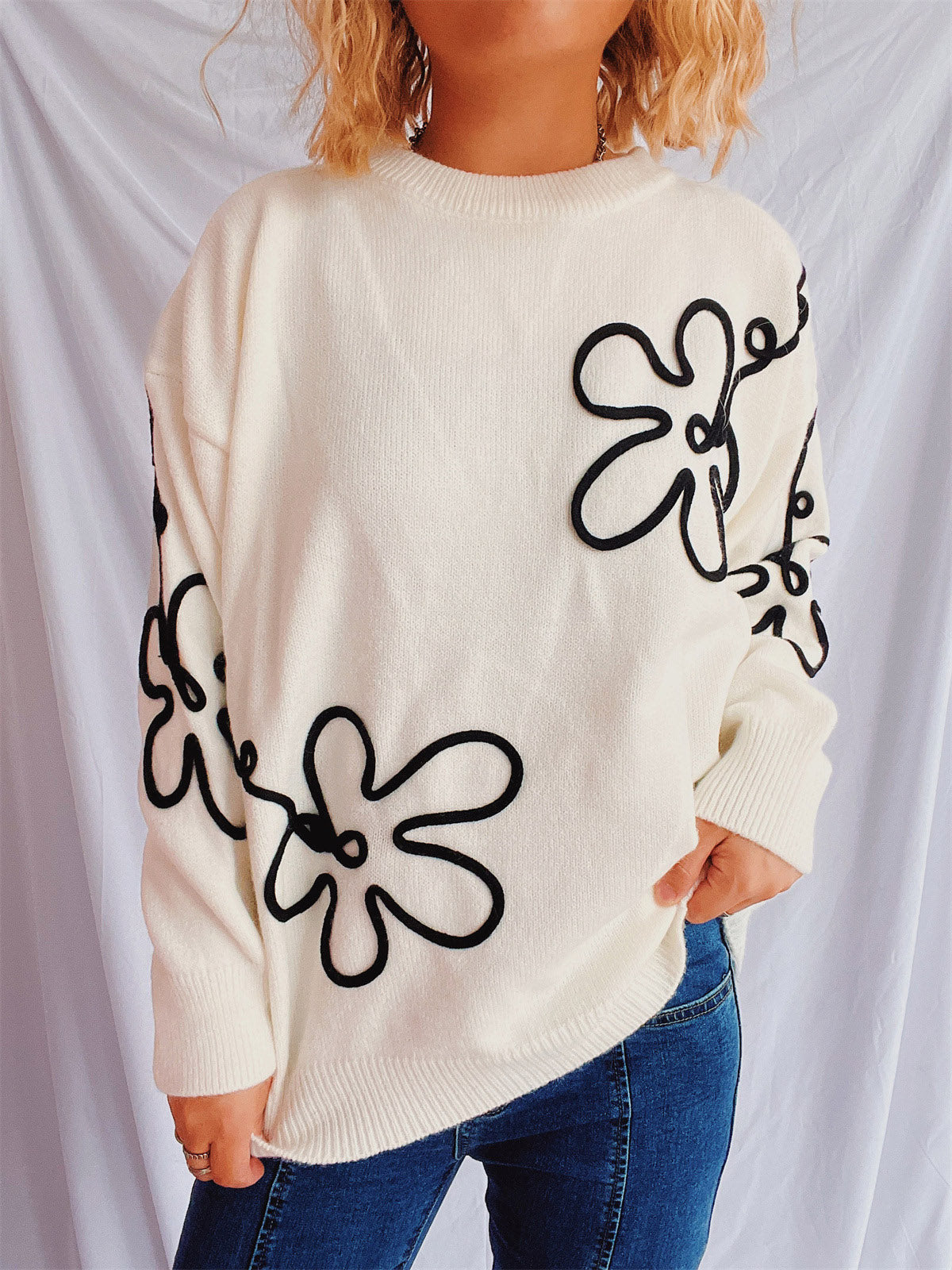 Flower Round Neck Long Sleeve Sweater-TOPS / DRESSES-[Adult]-[Female]-Beige-One Size-2022 Online Blue Zone Planet