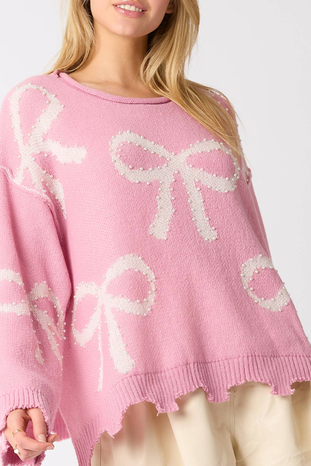 Pink Pearl Beaded Bowknot Pattern Distressed Split Hem Sweater-Sweaters & Cardigans/Sweaters-[Adult]-[Female]-Pink-S-2022 Online Blue Zone Planet