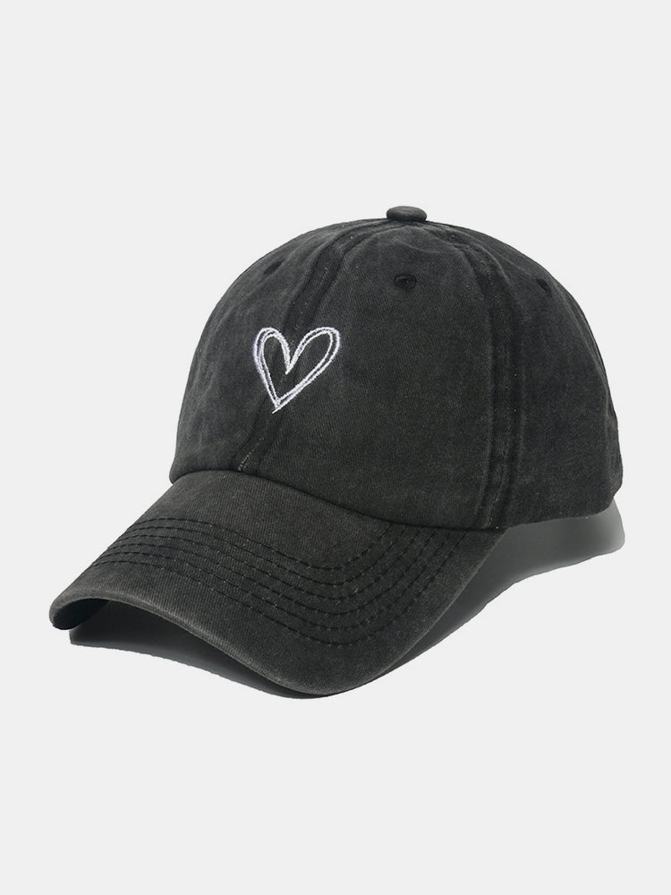 Embroidered Heart Washed Cotton Baseball Cap-HATS-[Adult]-[Female]-Black-One Size-2022 Online Blue Zone Planet