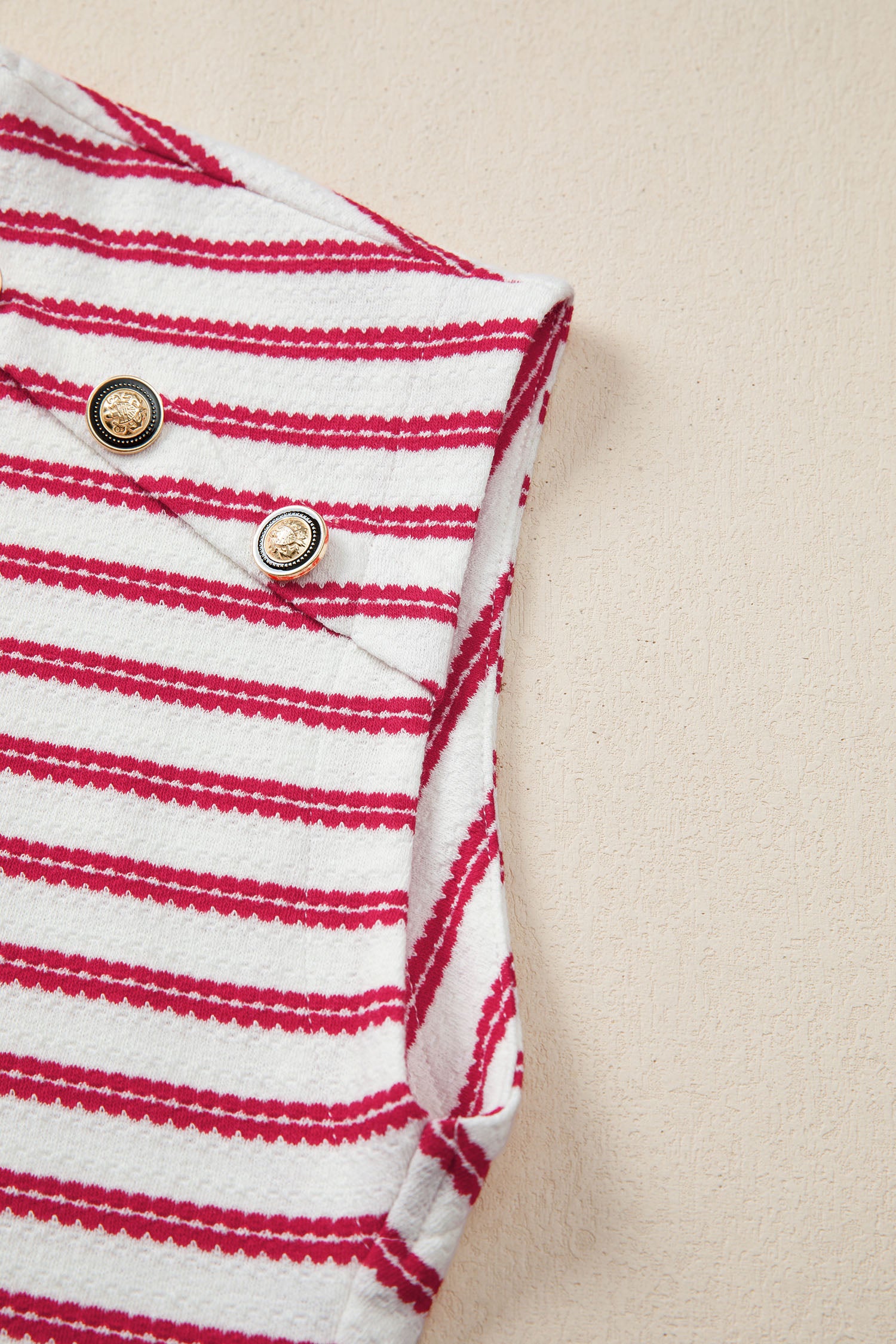 Red Stripe Textured Knit Button Detail Short Sleeve Casual Tee-Tops/Tops & Tees-[Adult]-[Female]-2022 Online Blue Zone Planet